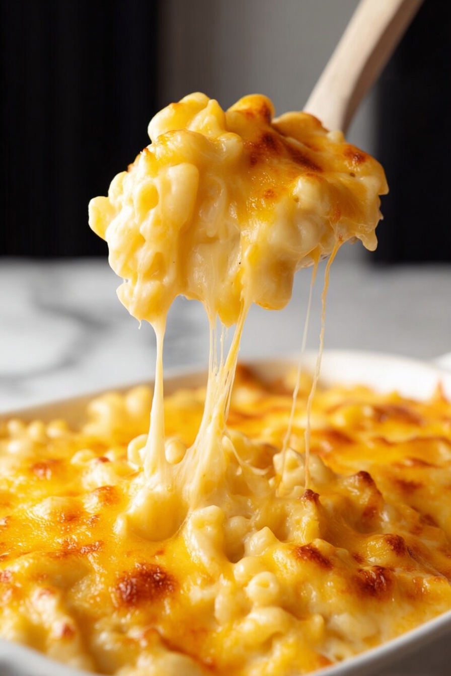 A close-up view shows a white spoon lifting a large scoop of macaroni and cheese from a white casserole dish filled with the same. The macaroni is covered by a thick layer of melted yellow cheese that is smooth and shiny with some browned spots on top, showing a slightly bubbly texture. Long thin strings of cheese stretch down from the scoop back to the dish. The macaroni underneath is creamy white and round shaped. The background is a white marbled surface with a blurred black and white backdrop. photo taken with an iphone --ar 2:3 --v 7 - Viral Mac and Cheese, cheesy comfort food, creamy mac and cheese, best homemade mac and cheese, gooey cheese pasta