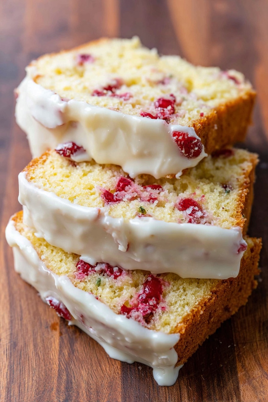 The image shows three slices of a yellow cake with pieces of red fruit inside. The cake appears moist with a soft texture, and it is topped with a thick white icing that drips slightly over the sides. The layers include the golden-brown crust at the bottom, a middle layer filled with red fruit chunks, and the creamy white icing layer on top. The slices are placed on a wooden surface with visible grain patterns. Photo taken with an iphone --ar 2:3 --v 7 - Cranberry Orange Bread with Glaze, cranberry orange quick bread, citrus cranberry bread, festive holiday bread, easy cranberry orange baking