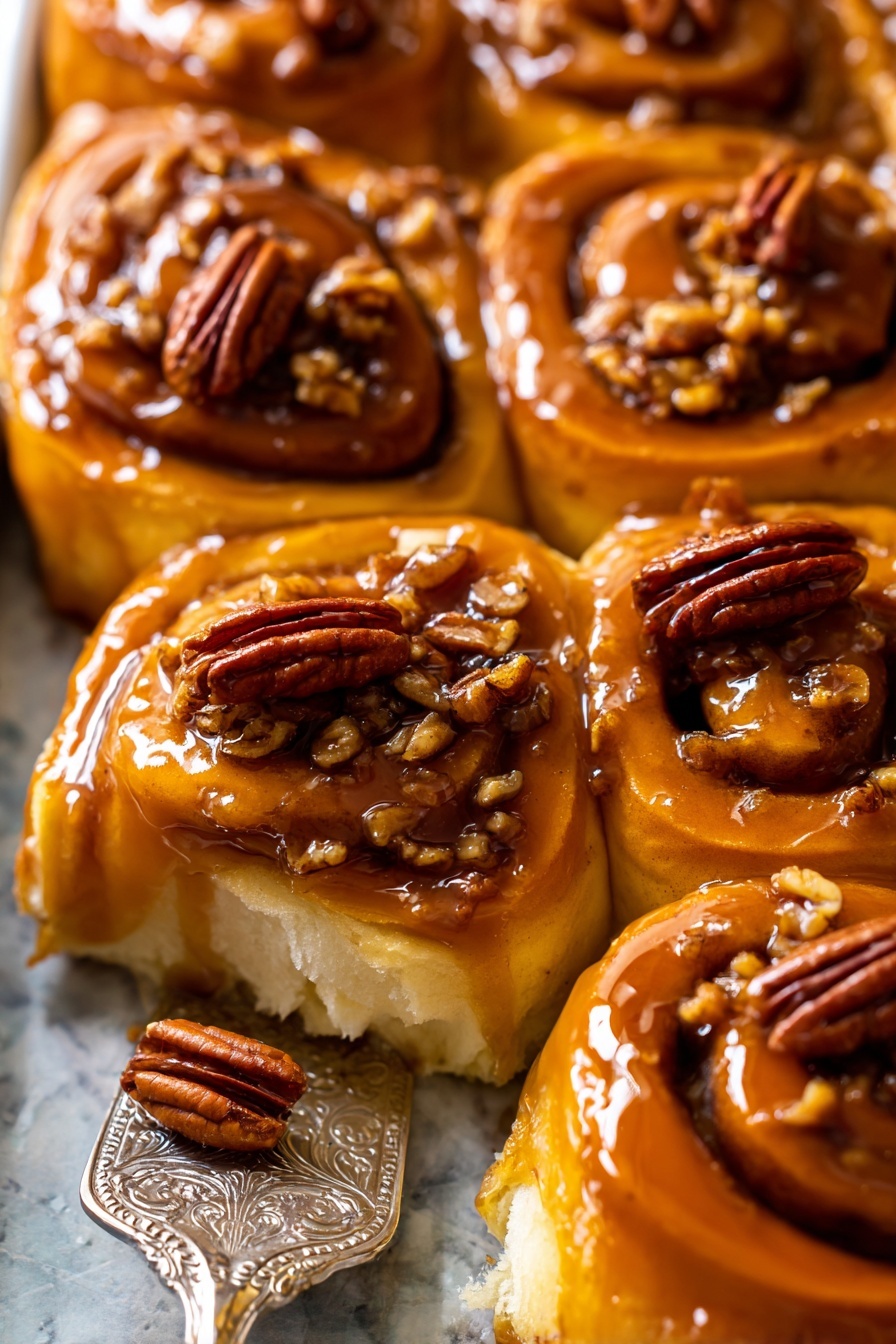 The image shows a close-up of sticky cinnamon rolls arranged in a tray with a white marbled textured background. Each cinnamon roll has a soft, golden-brown base with visible spirals of dough. The top layer is covered with a shiny, amber caramel glaze that looks thick and glossy. On top of each roll, there are whole pecan halves that add texture and color contrast with their rich brown shade. The silver, ornate serving spatula is partially lifted under one cinnamon roll, showing the soft, fluffy inside of the pastry. Photo taken with an iphone --ar 2:3 --v 7 - Butter Pecan Cinnamon Buns, sweet rolls with pecans, cinnamon buns recipe, nutty cinnamon rolls, soft bakery-style buns