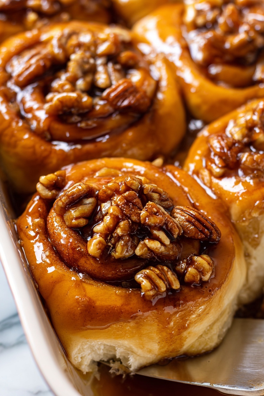 The image shows a close-up of sticky cinnamon rolls in a white pan. Each roll has a golden brown, shiny top layer covered in thick syrup that makes them glisten. The rolls are swirled with light brown cinnamon filling visible through the soft dough layers. On top of each roll is a pile of whole glazed pecans, which are glossy and rich brown in color, adding texture and contrast. The rolls look soft and fluffy with syrup dripping down the sides, and the silver serving spatula is tucked under one roll. The background shows a white marbled surface. photo taken with an iphone --ar 2:3 --v 7 - Butter Pecan Cinnamon Buns, sweet rolls with pecans, cinnamon buns recipe, nutty cinnamon rolls, soft bakery-style buns