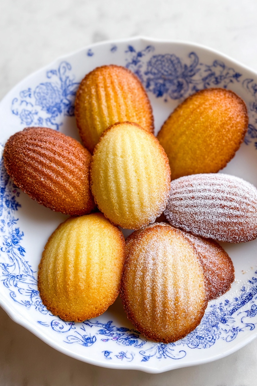 The image shows a white plate with blue designs holding ten oval-shaped madeleine cookies arranged in a loose pile. The madeleines vary in color from golden yellow to a more toasted brown, with some showing a light powdered sugar dusting on top. Their texture appears soft with slight ridges on the surface, and the edges are gently browned. The plate is set on a white marbled surface. Photo taken with an iphone --ar 2:3 --v 7 - Lemon Madeleines, French lemon cake, easy madeleines recipe, lemon shell cakes, melt-in-your-mouth lemon cookies