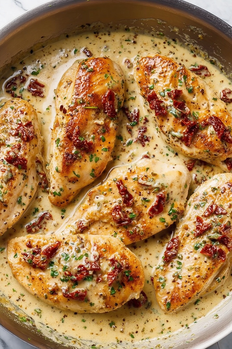 The image shows a close-up of two thick pieces of cooked chicken stacked with creamy sauce on top and around them. The chicken is light brown with a slightly crispy texture on the outside and white inside. The creamy sauce is light yellow with visible chunks of red sun-dried tomatoes and small green herbs mixed in, giving it a rich and textured look. The layers show the thick sauce covering the entire surface of the chicken pieces, with some sauce pooling at the bottom. The background is a white marbled texture. photo taken with an iphone --ar 2:3 --v 7 - Creamy Marry Me Chicken, Creamy Marry Me Chicken recipe, easy creamy chicken dinner, indulgent chicken dishes, best comfort food recipes
