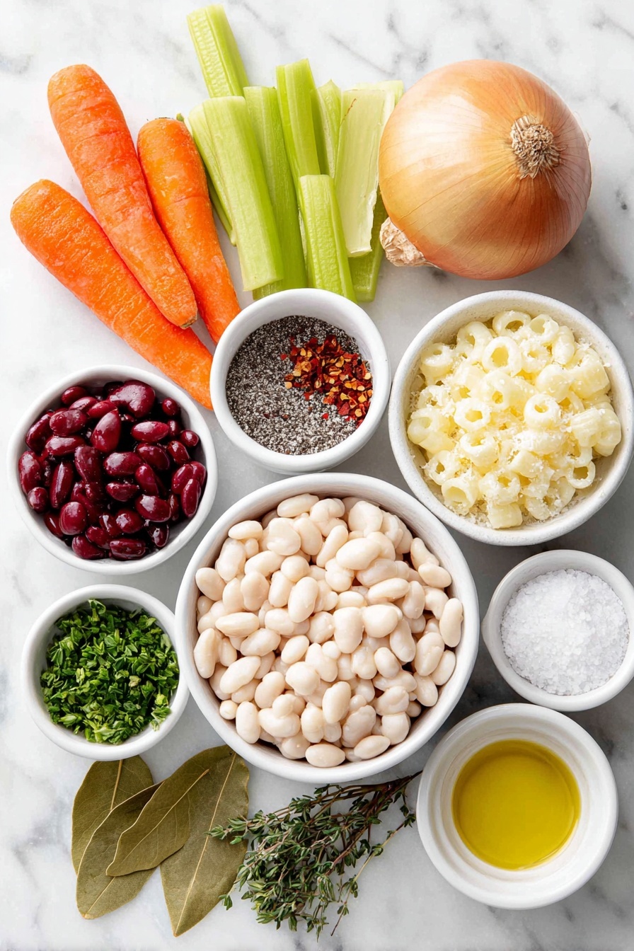 Flat lay of a small white ceramic bowl filled with extra-virgin olive oil, a medium whole uncracked yellow onion, two fresh whole carrots with vibrant orange skin, two celery ribs thinly sliced and arranged, a small white ceramic bowl of coarse sea salt, a small white ceramic bowl of freshly ground black pepper, three whole unpeeled garlic cloves, a small white ceramic bowl of diced ripe red tomatoes, a small white ceramic bowl of cooked white beans, a small pile of chopped fresh green beans, two dried bay leaves placed flat, a small white ceramic bowl of dried oregano, a small white ceramic bowl of dried thyme, a small white ceramic bowl with small pasta (such as ditalini) visible, a small pile of chopped fresh parsley, a small white ceramic bowl containing red pepper flakes, and a small white ceramic bowl with finely grated Parmesan cheese. All ingredients are fresh and natural, carefully arranged with perfect symmetry and balanced proportions, placed on a clean white marble surface, soft natural light, photo taken with an iPhone, professional food photography style, fresh ingredients, white ceramic bowls, no bottles, no duplicates, no utensils, no packaging --ar 2:3 --v 7 --p m7354615311229779997 - Hearty Vegetable Minestrone Soup, vegetable minestrone recipe, healthy vegetable soup, hearty veggie soup, comforting minestrone