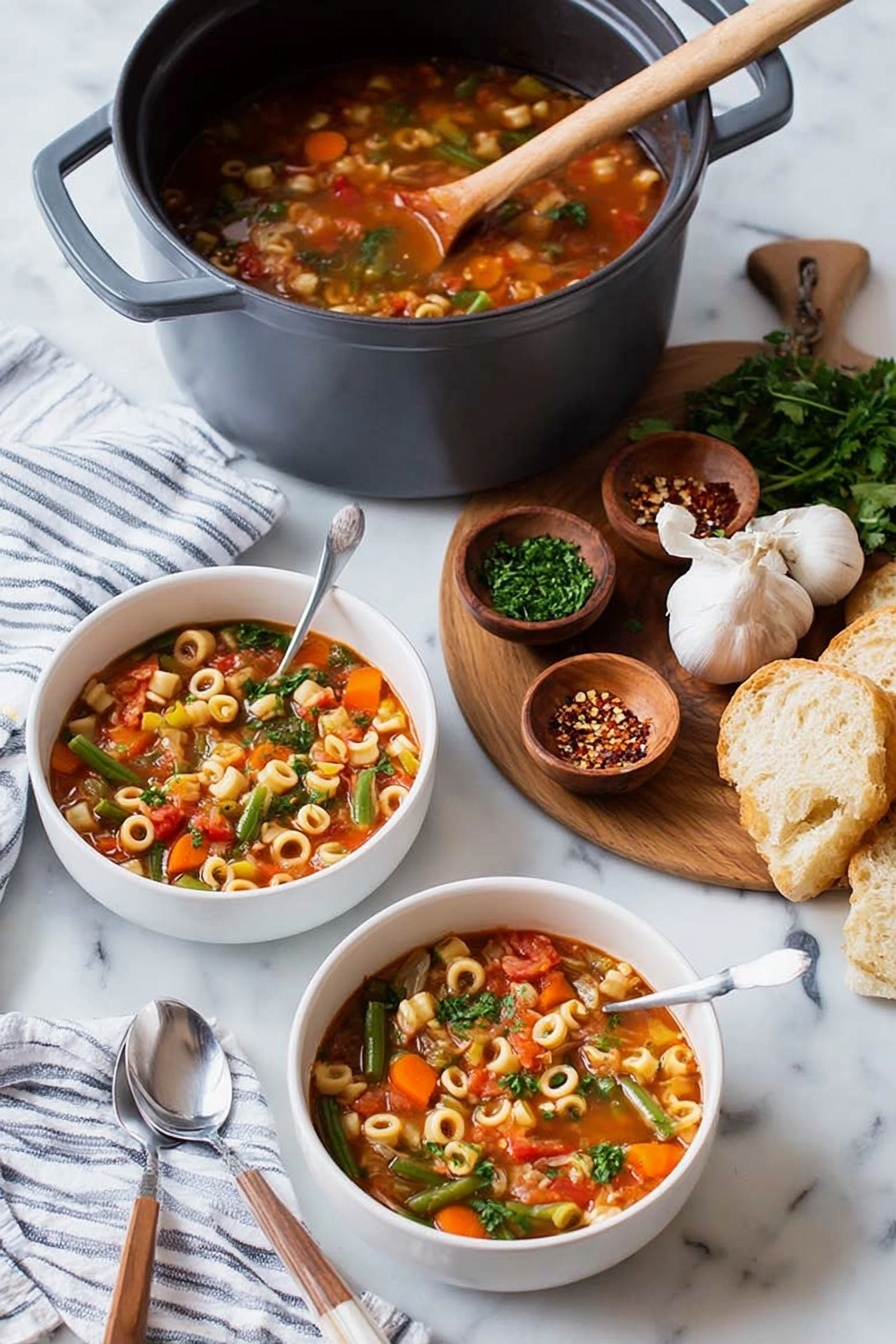 A white bowl and a white cup both filled with a bright orange vegetable soup showing slices of carrots, green beans, small white beans, and small pasta rings, all floating in a clear broth with bits of herbs; a spoon is resting in each bowl. Next to the bowls is a white, round marble surface holding a large pot of the same soup with a wooden spoon lifting some soup and vegetables from it. Around the marble are two white garlic bulbs, a wooden cutting board with chopped green herbs, red chili flakes, fresh green parsley sprigs, and slices of crusty bread next to a bread knife with a wooden handle. A striped cloth is casually placed under the bowls and pot. photo taken with an iphone --ar 2:3 --v 7 - Hearty Vegetable Minestrone Soup, vegetable minestrone recipe, healthy vegetable soup, hearty veggie soup, comforting minestrone