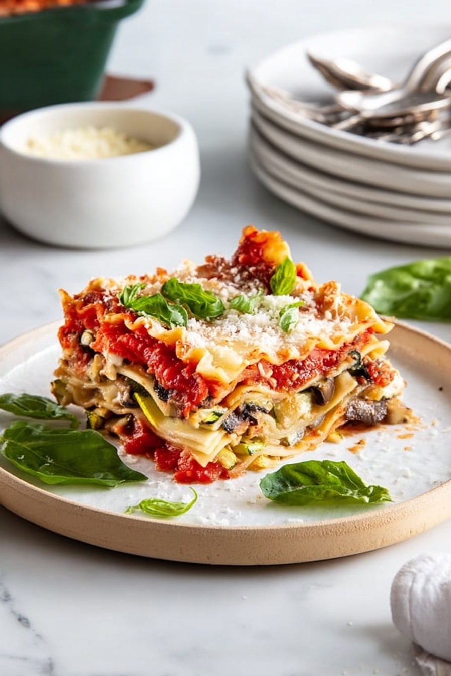 A piece of lasagna with multiple layers sits on a white plate: the top layer is golden brown melted cheese with a red tomato sauce below it and a layer of pasta noodles beneath. Inside, there are visible layers of white cheese mixed with green zucchini pieces and others of cooked mushrooms. Fresh green basil leaves are placed on top and around the lasagna, with some grated cheese sprinkled nearby. The plate is on a white marbled surface, and in the background, there is a white bowl with grated cheese and a stack of white plates with a fork and spoon on top. Photo taken with an iphone --ar 2:3 --v 7 - Vegetarian Roasted Vegetable Lasagna, vegetarian lasagna recipe, roasted vegetable lasagna, veggie lasagna, plant-based lasagna dish