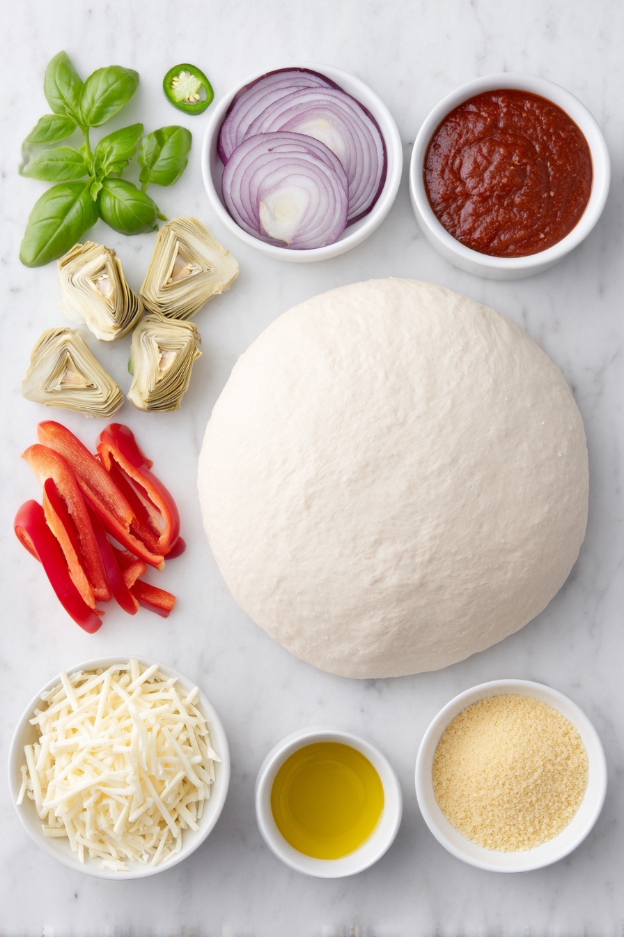 Flat lay of a smooth round ball of pizza dough resting next to a small mound of golden cornmeal scattered lightly on the white surface, a small white ceramic bowl filled with vibrant deep red pizza sauce, three small piles of shredded cheese in white ceramic bowls showing creamy white mozzarella, pale yellow Asiago, and slightly crumbly off-white pecorino with large holes visible, thin crescent slices of bright purple-red onion arranged neatly beside glossy slices of roasted red bell peppers, a small cluster of quartered pale green artichoke hearts, thin slices of glossy green jalapeño pepper arranged in a fan shape, a small white ceramic bowl holding clear golden extra-virgin olive oil, a scattering of fresh rich green basil leaves, all ingredients balanced symmetrically and naturally placed on a clean white marble surface, soft natural light, photo taken with an iPhone, professional food photography style, fresh ingredients, white ceramic bowls, no bottles, no duplicates, no utensils, no packaging --ar 2:3 --v 7 --p m7354615311229779997 - Vegetarian Roasted Red Pepper Pizza, vegetarian pizza recipes, roasted red pepper pizza, veggie pizza ideas, homemade vegetarian pizza