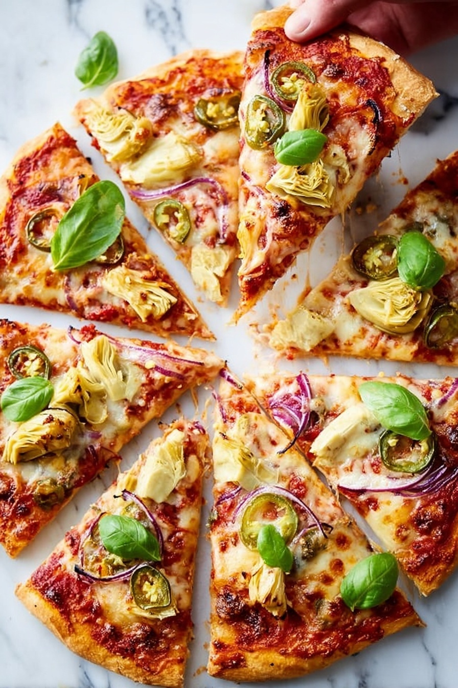 A round pizza sliced into eight pieces on a white marbled surface, each slice topped with melted light golden cheese, chunks of pale yellow artichoke hearts, thin slices of red onion, small rings of green jalapeno, and bits of red tomato sauce underneath the cheese. Bright green fresh basil leaves are scattered on top of the slices, adding a pop of color. The crust is golden brown and slightly crisped at the edges, showing some browning and texture. A woman's hand is pulling one slice away, stretching a thin string of melted cheese between the slice and the rest of the pizza. photo taken with an iphone --ar 2:3 --v 7 - Vegetarian Roasted Red Pepper Pizza, vegetarian pizza recipes, roasted red pepper pizza, veggie pizza ideas, homemade vegetarian pizza
