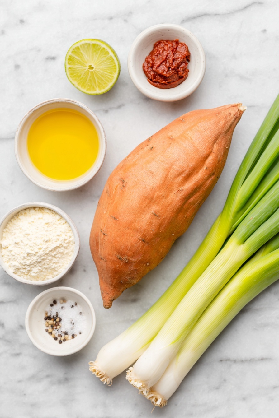 Flat lay of a fresh whole sweet potato with vibrant orange skin, a small heap of fine white cornstarch powder on a simple white ceramic plate, two fresh spring onions with bright white bulbs and green stalks trimmed off, a small white ceramic bowl of golden olive oil, a small white ceramic bowl containing smooth creamy vegan yoghurt, a neat dollop of deep red gochujang paste on a white ceramic dish, a small white ceramic bowl holding amber maple syrup, a halved lime showing its juicy green flesh, a small white ceramic bowl with coarse sea salt crystals, and a small white ceramic bowl filled with freshly ground black pepper, all arranged symmetrically and naturally placed on a clean white marble surface, soft natural light, photo taken with an iPhone, professional food photography style, fresh ingredients, white ceramic bowls, no bottles, no duplicates, no utensils, no packaging --ar 2:3 --v 7 --p m7354615311229779997 - Baked Vegan Sweet Potato Hash Browns, vegan breakfast hash browns, healthy sweet potato hash, crispy vegan hash browns, plant-based breakfast ideas
