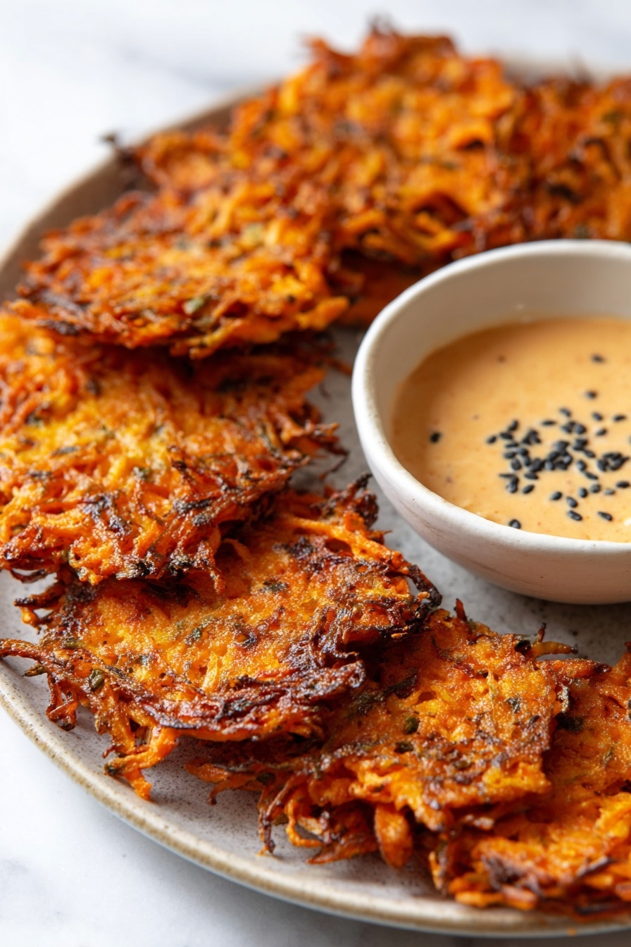 A close-up of a white plate filled with several thin, crispy orange-brown fritters made from shredded vegetables, each one showing a rough, uneven texture with browned edges. Next to the fritters on the plate is a small white bowl filled with a creamy light orange sauce topped with black seeds. The plate sits on a white marbled surface. photo taken with an iphone --ar 2:3 --v 7 - Baked Vegan Sweet Potato Hash Browns, vegan breakfast hash browns, healthy sweet potato hash, crispy vegan hash browns, plant-based breakfast ideas
