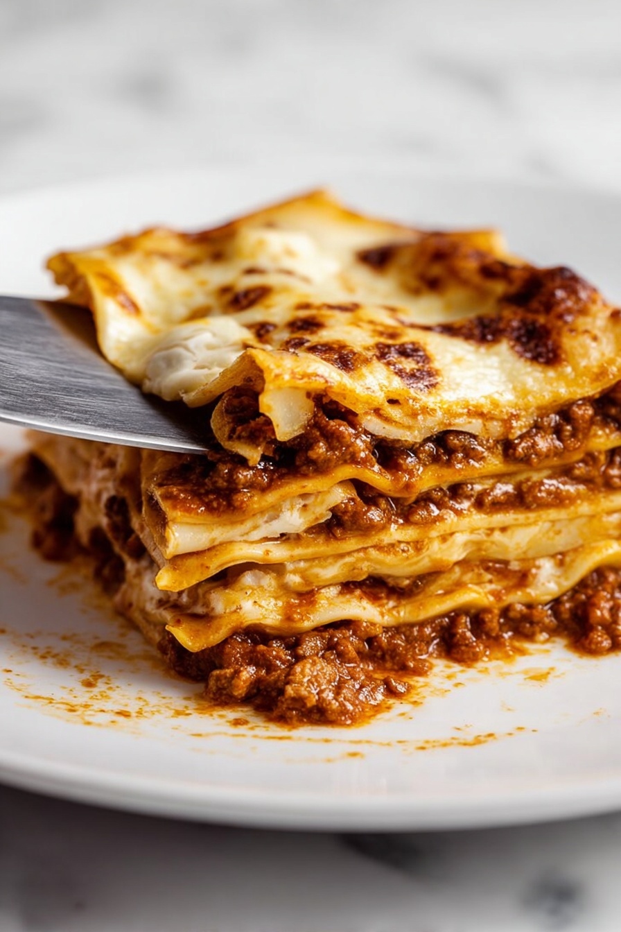 A square slice of lasagna with six visible pasta layers stacked closely, separated by thick, rich brown meat sauce and creamy orange tomato sauce, topped with a browned, melted layer of white cheese. The edges of the pasta are slightly crisp and curled. A woman’s hand is holding a fork on the left side of the lasagna, and a knife is cutting into the right side of the slice. The dish is served on a clean white plate with a white marbled surface in the background. photo taken with an iphone --ar 2:3 --v 7 - Ultimate Bolognese Lasagne, homemade lasagne, Italian lasagne recipe, slow-cooked Bolognese, classic lasagne dish