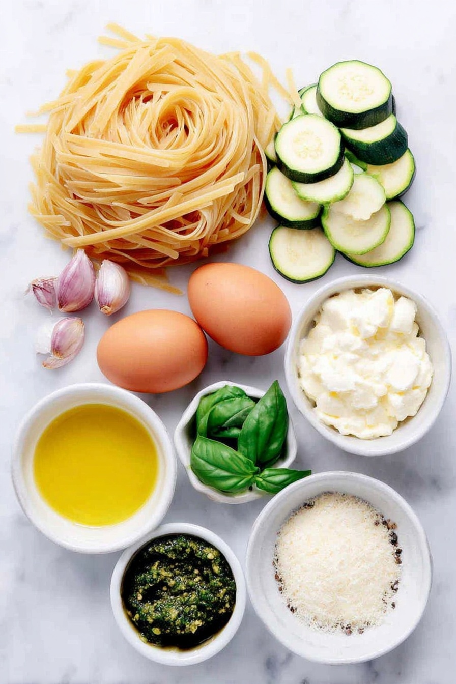 Flat lay of a pound of uncooked spaghetti pasta nestling beside two whole uncracked brown eggs, a small stack of thinly sliced fresh zucchini rounds, a small pile of thinly sliced shallots, a few whole garlic cloves with their papery skin intact, a small white ceramic bowl filled with golden extra virgin olive oil, a small white bowl holding a pat of creamy butter, a small white bowl containing thick heavy cream, a small white bowl with bright green fresh basil leaves, a small white bowl with vibrant green pesto sauce, a small white bowl filled with pale off-white grated Pecorino Romano cheese, and a small white bowl with a mix of coarse salt and freshly ground black pepper, all placed symmetrically on a clean white marble surface, soft natural light, photo taken with an iPhone, professional food photography style, fresh ingredients, white ceramic bowls, no bottles, no duplicates, no utensils, no packaging --ar 2:3 --v 7 --p m7354615311229779997 - Creamy Zucchini Pasta with Basil and Pesto, zucchini pasta with basil and pesto, summer zucchini pasta recipe, easy creamy vegetable pasta, healthy zucchini pasta dish