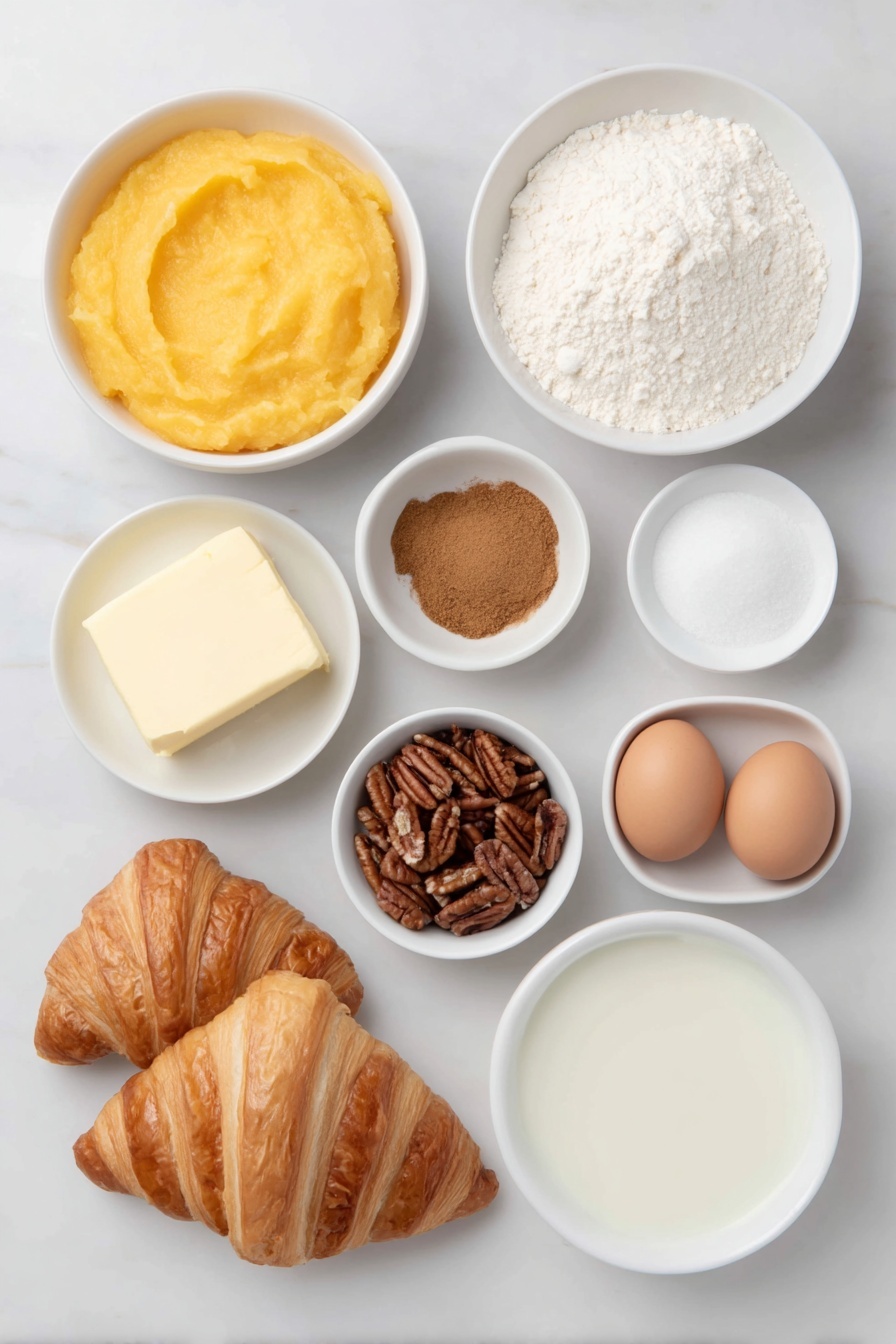 Flat lay of a small white ceramic bowl of bright orange pumpkin puree, a small white bowl filled with light brown packed sugar, a small white bowl with melted golden butter, a small white bowl holding warm brown pumpkin spice, another small white bowl of rich ground cinnamon, a small white bowl with deep brown ground allspice, a small white bowl heaped with fine pale all-purpose flour, three neat crescent roll dough sheets folded softly, a small pile of whole uncracked brown eggs with smooth shells, a small white bowl filled with chopped glossy pecan pieces, a small white bowl holding white powdered sugar, and a small white bowl with creamy whole milk, arranged in perfect symmetry on a clean white marble surface, soft natural light, photo taken with an iPhone, professional food photography style, fresh ingredients, white ceramic bowls, no bottles, no duplicates, no utensils, no packaging --ar 2:3 --v 7 --p m7354615311229779997 - Pumpkin Cinnamon Roll Muffins, pumpkin muffin recipes, fall breakfast ideas, cinnamon muffin treats, easy pumpkin baked goods