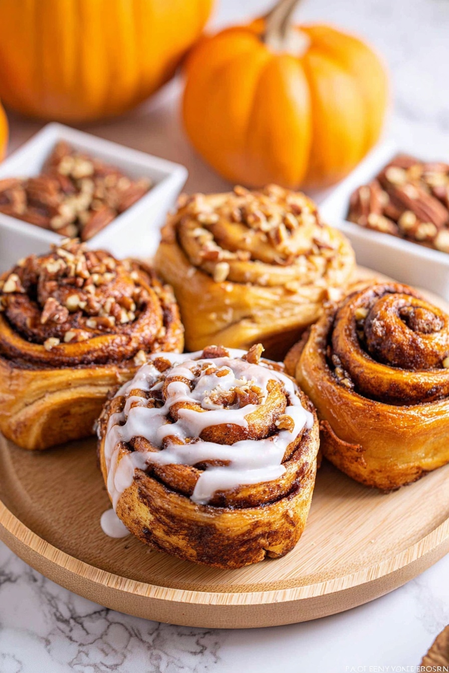 The image shows a black metal muffin tray filled with nine cinnamon rolls. Each roll has multiple layers of golden brown dough swirled with deep brown cinnamon filling. The rolls are topped with a light sprinkle of brown sugar and chopped pecans, adding texture. One indentation in the tray holds a small, white metal cup filled with white icing, with a spoon resting inside. The background surface is white marble. photo taken with an iphone --ar 2:3 --v 7 - Pumpkin Cinnamon Roll Muffins, pumpkin muffin recipes, fall breakfast ideas, cinnamon muffin treats, easy pumpkin baked goods