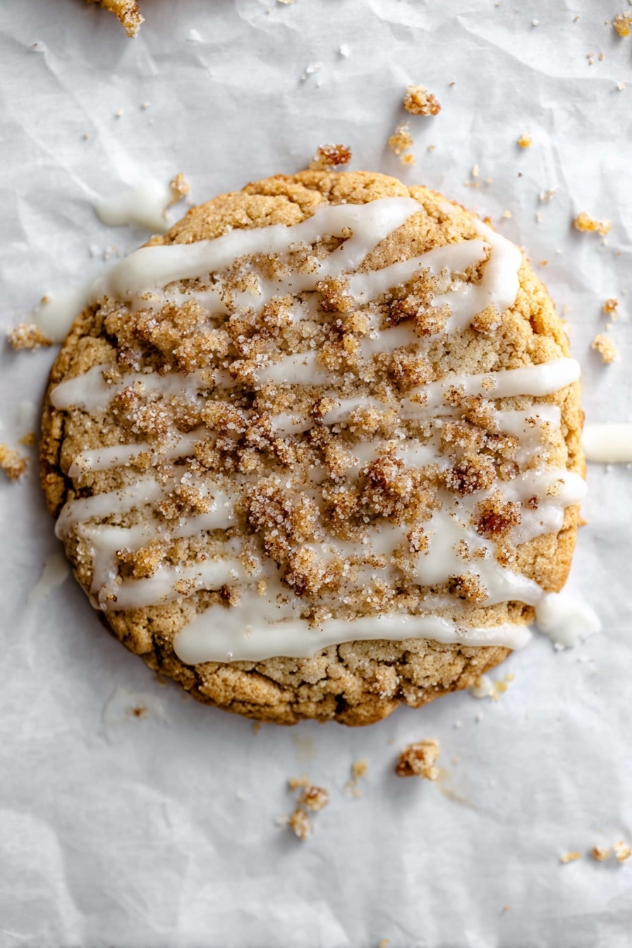 Three round cookies with a light golden brown color sit on a sheet of crinkled parchment paper on a white marbled surface. Each cookie has a crumbly, darker brown layer of streusel on top, scattered unevenly. A thin drizzle of white icing flows loosely over the streusel and cookie tops, adding contrast. One cookie in the foreground has a bite taken out of it, showing a soft, textured inside. Small crumbs are scattered around the cookies on the parchment paper. photo taken with an iphone --ar 2:3 --v 7 - Cinnamon Coffee Cake Cookies, cinnamon coffee cake cookies, easy coffee cake cookies, cinnamon cookie recipe, sweet breakfast cookies