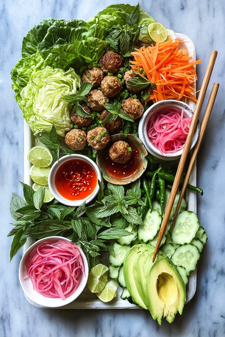 Three white bowls are filled with a clear broth soup containing about six to eight brown meatballs each and bright green baby bok choy pieces with visible stalks and leaves, floating on the surface. The bowls are arranged on a wooden table with a white bowl holding a bright red sauce and a small silver spoon inside it, placed near a set of shiny silver forks and chopsticks. The broth looks light and slightly oily, while the greens add fresh contrast and texture to the dish. photo taken with an iphone --ar 2:3 --v 7 - Asian Chicken Meatballs, Asian Chicken Meatballs Recipe, Healthy Chicken Meatballs, Quick Asian Dinner, Easy Asian Meatballs