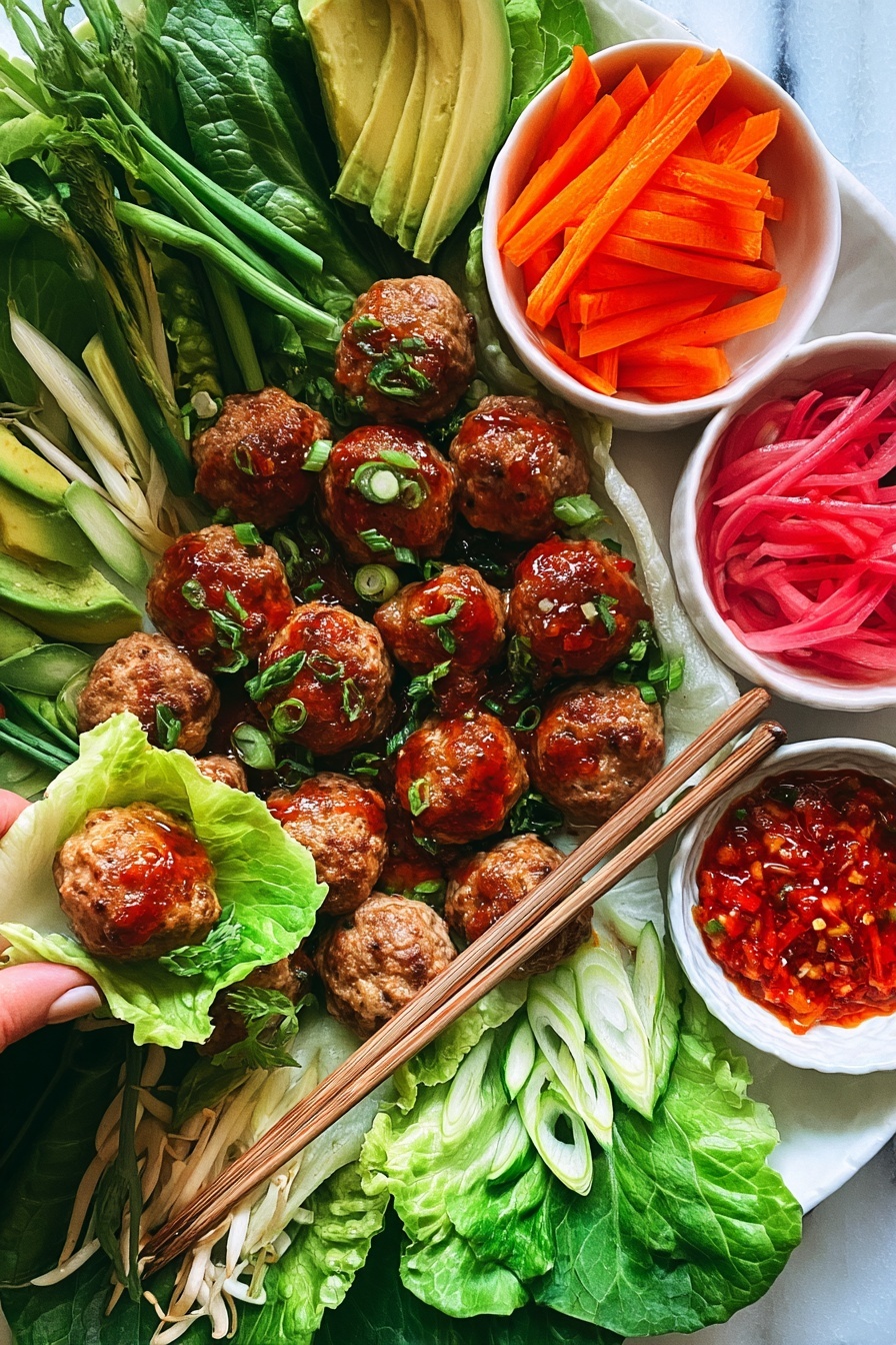 A large white rectangular tray on a white marbled texture background holds an arranged selection of fresh foods. Along the edges are layers of green leafy lettuce, fresh green herbs like mint and basil, sliced green lime wedges, and sliced cucumber with a crunchy texture. The center layer features a pile of small golden-brown meatballs topped with fresh green herbs. There are four small white bowls placed on top: one filled with bright orange thin carrot strips, one with pink pickled onion slices, one with hot red chili sauce, and one with more pink pickled strips. Slices of ripe avocado with smooth green layers form a fan shape near the meatballs, while green chili slices add a sharp green color on one side. Wooden chopsticks rest diagonally on the tray with one end near the avocado and the other end resting on the lettuce. photo taken with an iphone --ar 2:3 --v 7 - Asian Chicken Meatballs, Asian Chicken Meatballs Recipe, Healthy Chicken Meatballs, Quick Asian Dinner, Easy Asian Meatballs