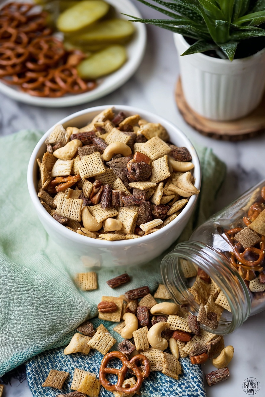 A white bowl filled with a mix of snacks including square light beige crackers, small brown crackers, mini pretzels, and some cashew nuts, showing a textured mix of rough and smooth surfaces. Next to the bowl, a glass jar lies on its side with the same snack mix spilling out onto a pale green cloth with dark blue trim. The snacks scattered show varied colors: light yellows, deep browns, and reddish pretzels. In the background, a white plate with pickles and a white pot with green plant leaves sit on a white marbled surface. Photo taken with an iphone --ar 2:3 --v 7 - Dill Pickle Snack Mix, Dill Pickle Snack Mix Recipe, Tangy Snack Mix, Homemade Snack Mix, Crunchy Dill Snack Mix