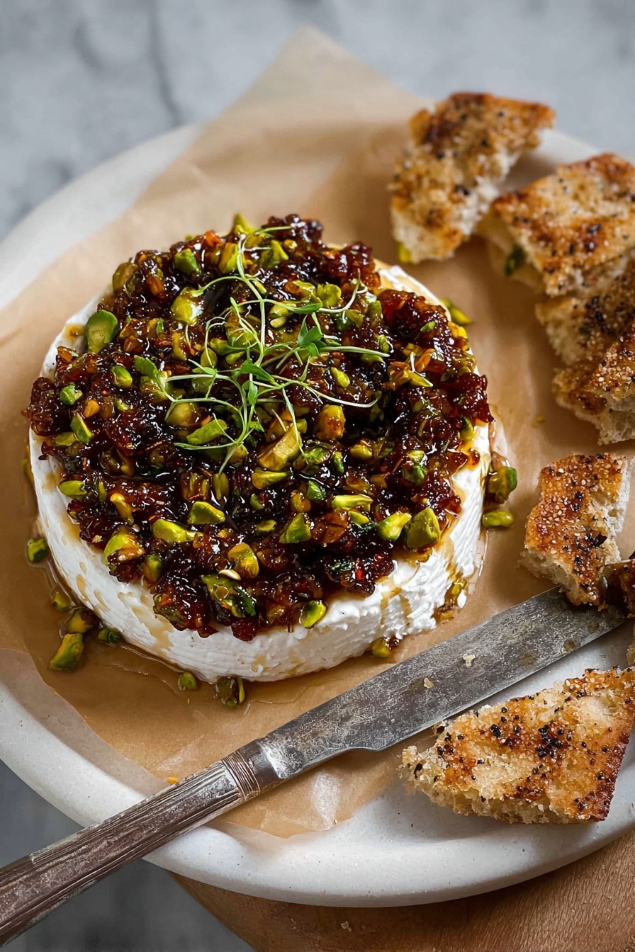 A white round cheese wheel sits on a piece of light brown parchment paper on a white plate with speckles. The cheese has a topping of a chunky mixture of green pistachios, dark brown nuts or dried fruits, and small green herb leaves placed at the center. On the right side of the cheese, some creamy, pale yellow melted cheese is spread with a silver knife resting on the edge of the plate. Surrounding the plate are pieces of flatbread, some browned in spots, and on the lower left side is a smaller white plate with some flatbread pieces spread with melted cheese and the nut topping. Two clear glasses filled with a light-yellow drink and ice are placed on the white marbled surface around the plates. photo taken with an iphone --ar 2:3 --v 7 - Baked Brie with Fig Jam and Pistachios, baked brie appetizer, easy cheese appetizer, holiday appetizer ideas, gourmet cheese platter