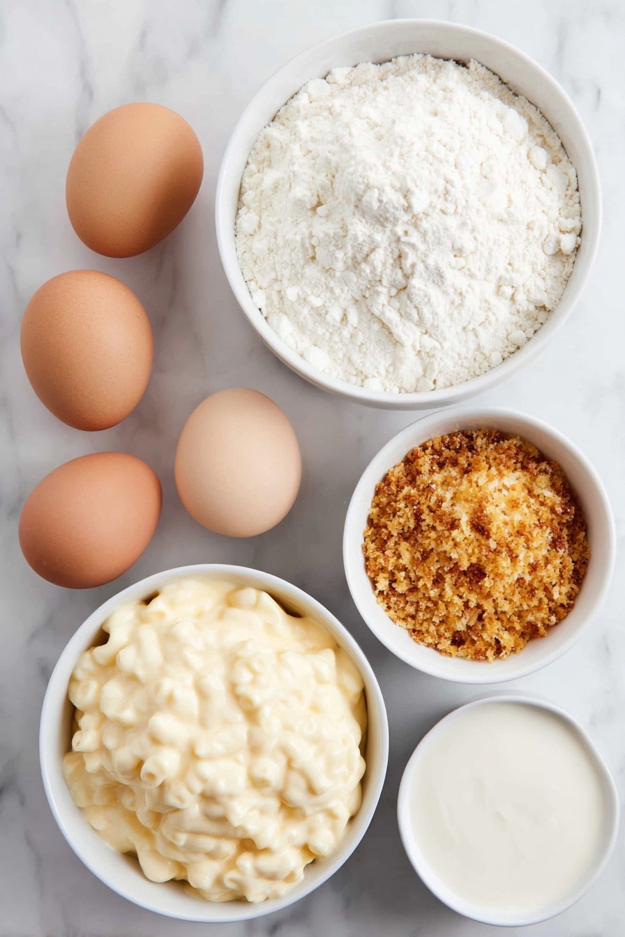 Flat lay of cold creamy macaroni and cheese in a simple white ceramic bowl, a small white ceramic bowl with smooth all-purpose flour, two whole uncracked brown eggs, a small white ceramic bowl filled with golden toasted panko breadcrumbs mixed with a pinch of salt, and a small white ceramic bowl of ranch dressing, all arranged with perfect symmetry and balanced proportions, placed on a clean white marble surface, soft natural light, photo taken with an iPhone, professional food photography style, fresh ingredients, white ceramic bowls, no bottles, no duplicates, no utensils, no packaging --ar 2:3 --v 7 --p m7354615311229779997 - Baked Mac and Cheese Bites, cheesy snack recipes, party appetizer ideas, baked cheese snacks, crispy mac and cheese bites