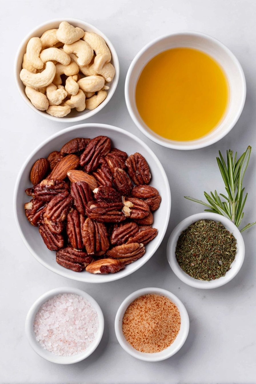 Flat lay of raw mixed nuts including cashews, walnuts, almonds, and pecans in a simple white ceramic bowl, a small white bowl containing golden melted coconut oil, a small white bowl filled with amber real maple syrup, a small white bowl holding light brown soft brown sugar, fresh green rosemary sprigs finely minced in a small white bowl, a small white bowl with coarse sea salt crystals, and a tiny white bowl with bright red chili powder, arranged symmetrically and balanced, placed on a clean white marble surface, soft natural light, photo taken with an iPhone, professional food photography style, fresh ingredients, white ceramic bowls, no bottles, no duplicates, no utensils, no packaging --ar 2:3 --v 7 --p m7354615311229779997 - Rosemary Sweet and Salty Roasted Nuts, roasted nuts with rosemary, sweet and salty nut snack, easy nut recipe, flavored roasted nuts