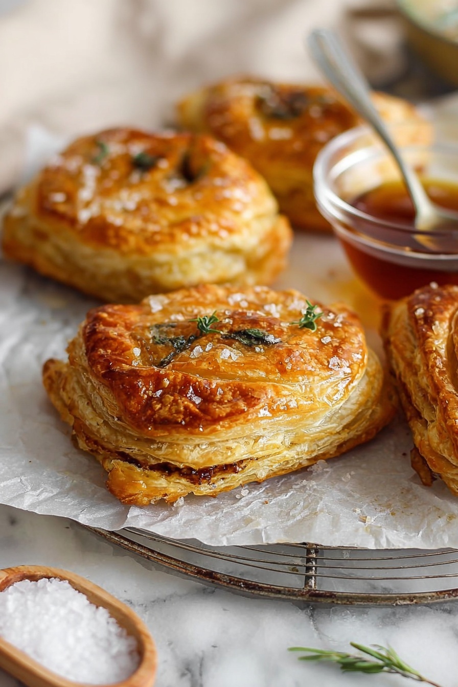 The image shows two golden brown puff pastries on a white marbled surface. One pastry is whole with a crispy, flaky texture and sprinkled with coarse salt and black pepper on top. The other pastry is placed on the whole one and broken open, revealing three thin layers of light golden, airy puff pastry filled with a green mixture of cooked spinach and creamy cheese inside. In the background, two more pastries are blurred out, laid on the same white marbled surface. A small sprig of fresh thyme is visible near the pastries. Photo taken with an iphone --ar 2:3 --v 7 - Vegan Caramelized Onion Spinach Puff Pastry, vegan savory puff pastry, caramelized onion spinach tart, plant-based puff pastry recipes, easy vegan appetizer