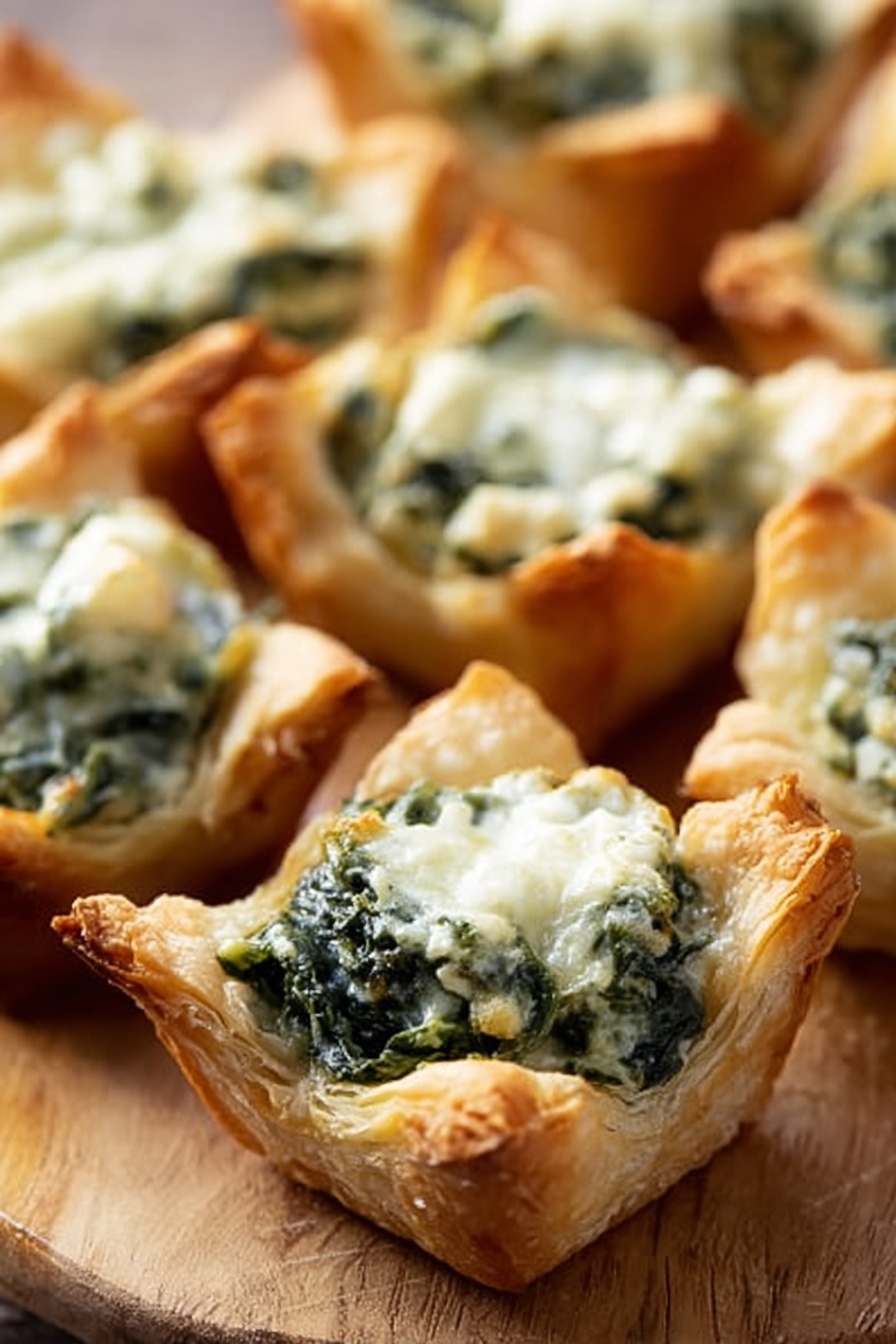 A woman's hand is holding a small tart with a golden brown, flaky crust that curves slightly outward at the edges. Inside the tart, there is a thick layer of creamy white cheese mixed with finely chopped green herbs, giving a textured and fresh look. In the background, more of these tarts are spread out, slightly blurred, resting on a white marbled surface. The image is close up, focusing on the detailed filling and crust texture, with soft natural lighting highlighting the colors. photo taken with an iphone --ar 2:3 --v 7 - Spinach Artichoke Bites, spinach artichoke appetizer, cheesy spinach bites, easy party snacks, crescent dough bites