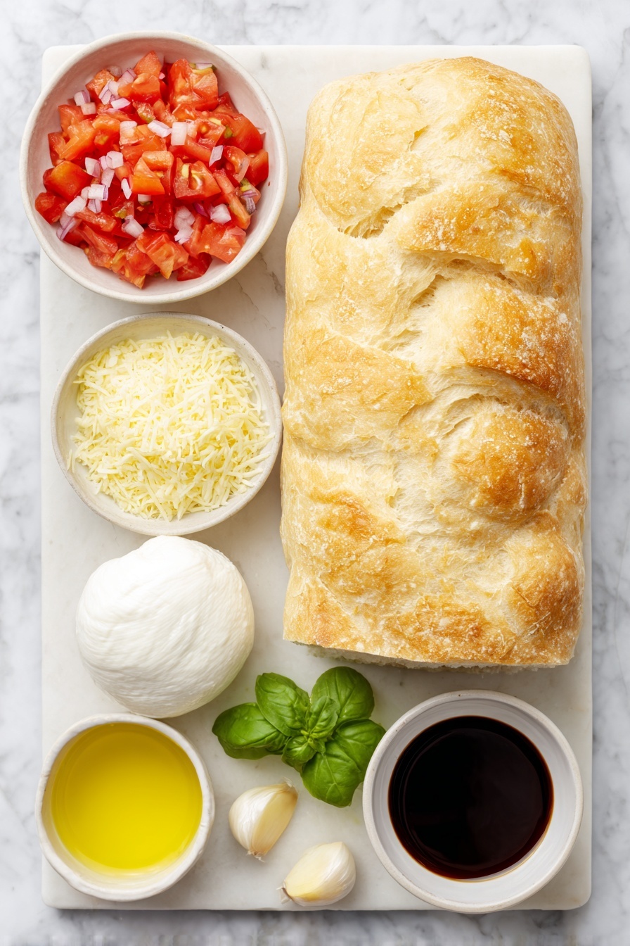 Flat lay of a small crusty loaf of ciabatta bread with a golden-brown crust sliced into thick pieces, a ball of fresh white mozzarella cheese with smooth texture, a small mound of finely grated pale yellow Parmesan cheese on a white ceramic plate, a handful of vibrant red diced tomatoes in a white ceramic bowl, a small portion of finely chopped deep purple-red onion in a white ceramic bowl, a few bright green fresh basil leaves loosely piled, a single peeled garlic clove with smooth white skin, a small white bowl filled with golden extra virgin olive oil, and a small white bowl containing glossy dark brown balsamic glaze, all arranged symmetrically on a clean white marble surface, soft natural light, photo taken with an iPhone, professional food photography style, fresh ingredients, white ceramic bowls, no bottles, no duplicates, no utensils, no packaging --ar 2:3 --v 7 --p m7354615311229779997 - Bruschetta Grilled Cheese Sandwiches, Italian bruschetta grilled cheese, tomato basil grilled cheese, easy bruschetta sandwich, melted mozzarella sandwich