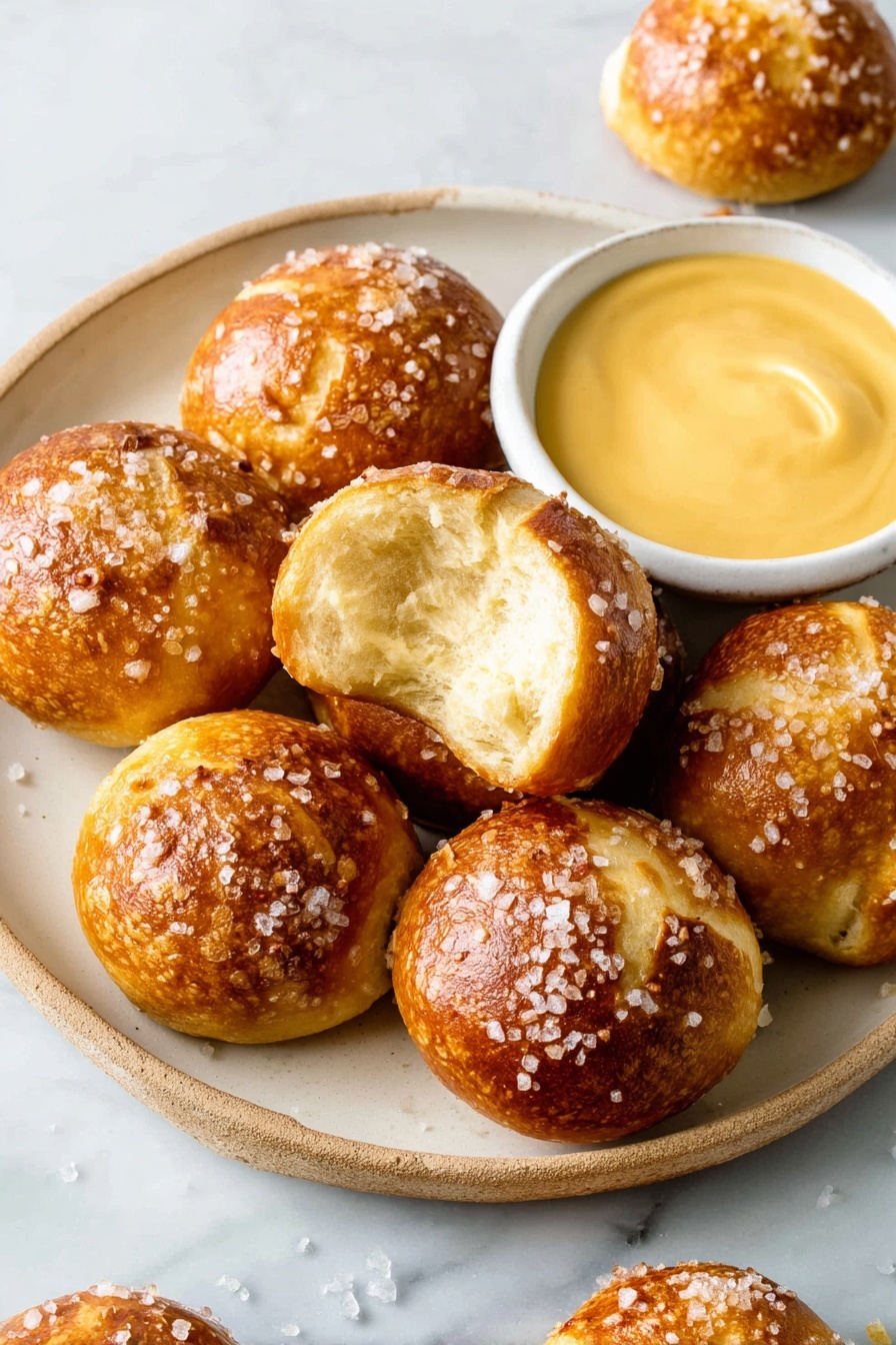 A white round plate with seven small, round pretzel bites that are golden brown with a shiny crust sprinkled with coarse salt. One pretzel bite is broken open in the center showing a soft, light yellow inside. Next to the pretzels, on the right side of the plate, there is a small white bowl filled with smooth, creamy yellow mustard. The plate is placed on a white marbled surface, and a few more pretzel bites are scattered around the plate. Photo taken with an iphone --ar 2:3 --v 7 - Cheese Pretzel Bites, pretzel bites with cheese, cheesy soft pretzels, easy cheese snack, game day pretzel bites