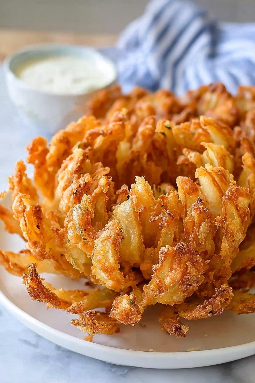 The image shows a close-up view of a golden brown fried blooming onion on a white plate. The onion is cut into many thick petal-like pieces that fan out, with each petal coated in a crispy, crunchy textured batter showing small bits and an uneven surface. The center of the onion is tightly layered with the petals gradually opening outward, giving a flower-like shape. In the background, there is a small white bowl with a creamy white dipping sauce. The setting is on a white marbled surface with a soft blue and white striped cloth blurred behind. Photo taken with an iphone --ar 2:3 --v 7 - Homemade Blooming Onion, Blooming Onion with Dipping Sauce, Crispy Blooming Onion recipe, How to make blooming onion, Best blooming onion at home