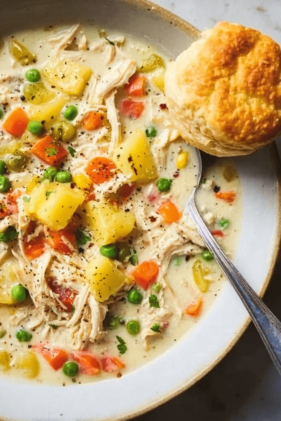 The image shows a white plate on a white marbled surface filled with a creamy soup. The soup has shredded chicken pieces mixed with bright orange carrot cubes, yellow potato chunks, and green peas scattered throughout. On the side of the plate, there is a golden-brown biscuit with a slightly cracked top, sitting close to the soup. A silver spoon is placed inside the soup near the edge of the plate, and some black pepper is sprinkled on top of the soup for garnish. photo taken with an iphone --ar 2:3 --v 7 - Slow Cooker Chicken Pot Pie Soup, comfort food recipes, easy chicken soup, creamy chicken soup, hearty slow cooker recipes