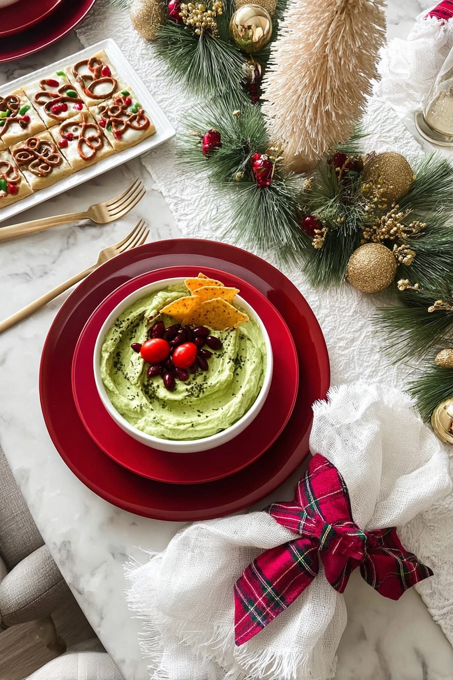 A white bowl filled with a creamy green dip topped with a few golden tortilla chips placed in the center; around the chips, there are several small bright red cherry tomatoes and scattered dark red pomegranate seeds on the green base; the dip texture looks smooth with some swirled areas. Next to the bowl is a place setting with two stacked red plates, a white napkin with frayed edges wrapped by a red and pink plaid fabric ring laying on the plates, and a gold fork to the left of the plates. The table has a white marbled surface with a white cloth runner adorned with green pine branches and red berries, and decorative golden balls are placed along the runner. In the background, a white plate holds square treats decorated with pretzels and red candies. A cream-colored bottle brush tree stands near the center. Photo taken with an iphone --ar 2:3 --v 7 - Festive Guacamole with Pomegranate & Tomatoes, holiday avocado dip, quick holiday appetizers, colorful party dip, easy festive guacamole