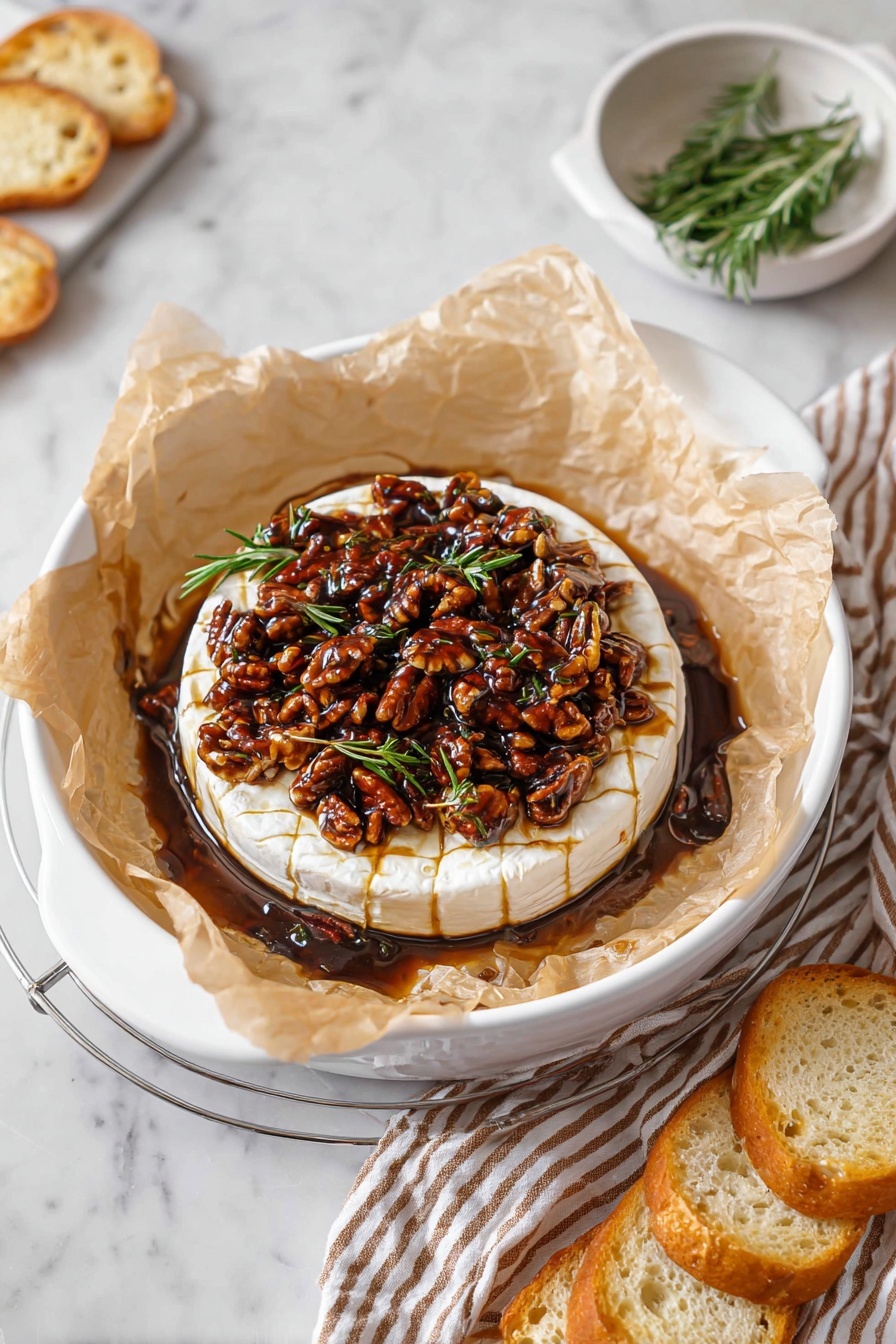 A white round cheese wheel sits in the center of a white round dish lined with crumpled beige parchment paper; the cheese has light grid marks on the top layer. On top of the cheese is a thick layer of toasted pecans, coated in a shiny dark caramel sauce. Small green rosemary leaves are sprinkled over the nuts and cheese, adding color contrast. Dark caramel sauce pools around the base of the cheese on the parchment paper. The dish is placed on a white marbled surface with a striped brown and white cloth to the right and a small white bowl with fresh rosemary sprigs above. Below the dish, three golden toasted slices of bread rest on a metal cooling rack. photo taken with an iphone --ar 2:3 --v 7 - Maple Pecan Baked Brie, baked brie appetizer, fall appetizer ideas, easy cheese appetizer, winter party snacks