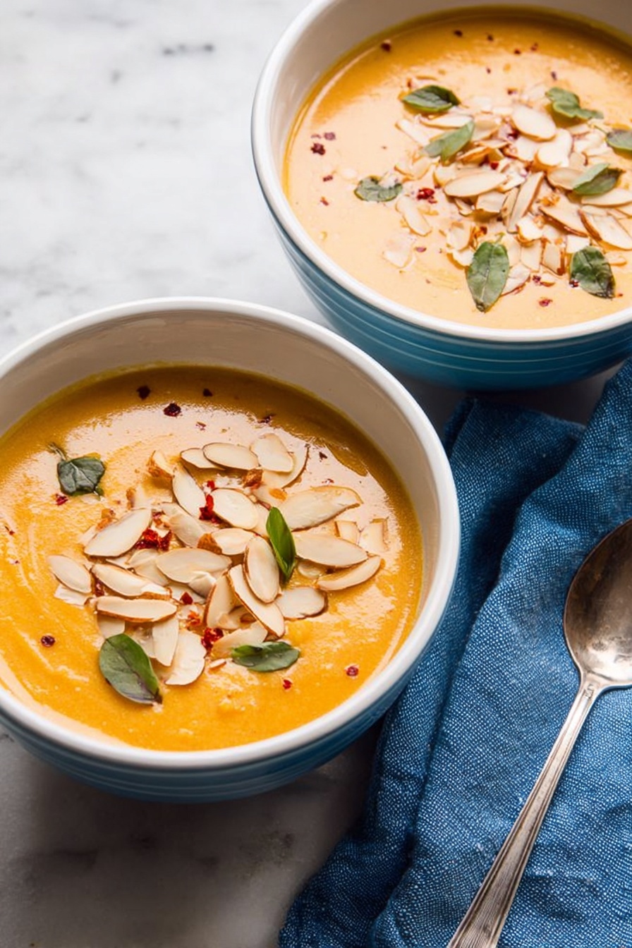 Two white bowls filled with smooth orange soup, each topped with a layer of light brown sliced almonds, scattered small green leaves, and tiny pieces of red chili flakes. The soup's texture looks creamy and thick, filling most of each bowl. One bowl is slightly in front and to the right, with a silver spoon inside showing a shiny handle. The bowls sit on a white marbled surface with a blue cloth napkin beside them. The photo taken with an iphone --ar 2:3 --v 7 - Instant Pot Thai Butternut Squash Soup, Thai butternut squash soup, healthy butternut squash soup, quick vegan Thai soup, creamy curry butternut squash
