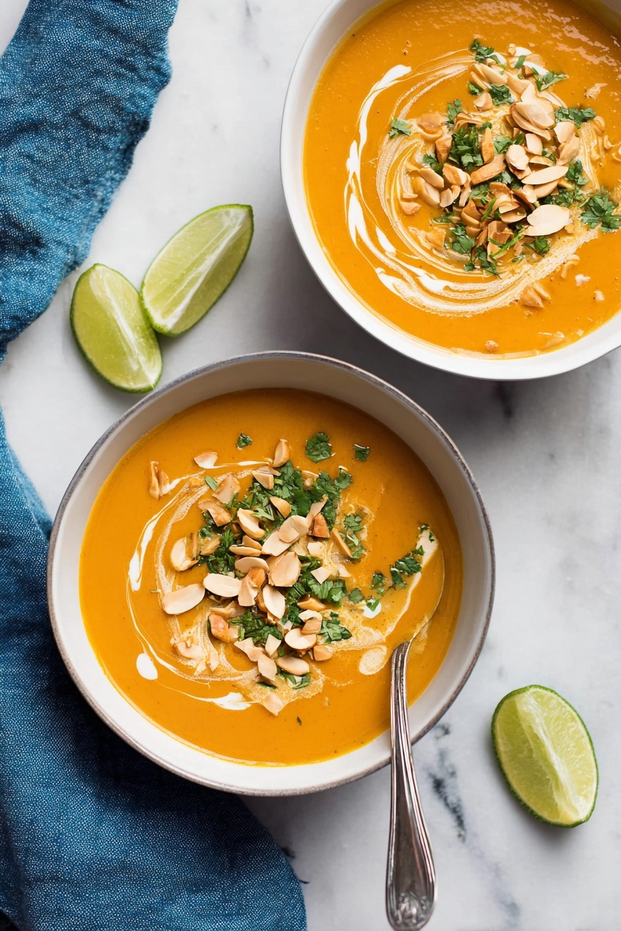 Two white bowls filled with smooth orange soup sit on a white marbled surface. Each bowl has a swirl of white cream in the soup, topped with chopped green herbs and thinly sliced toasted almonds. One bowl has a slice of lime and a silver spoon resting on the edge. Two lime wedges are placed nearby on the surface. A blue linen cloth lies beside the bowls. photo taken with an iphone --ar 2:3 --v 7 - Instant Pot Thai Butternut Squash Soup, Thai butternut squash soup, healthy butternut squash soup, quick vegan Thai soup, creamy curry butternut squash