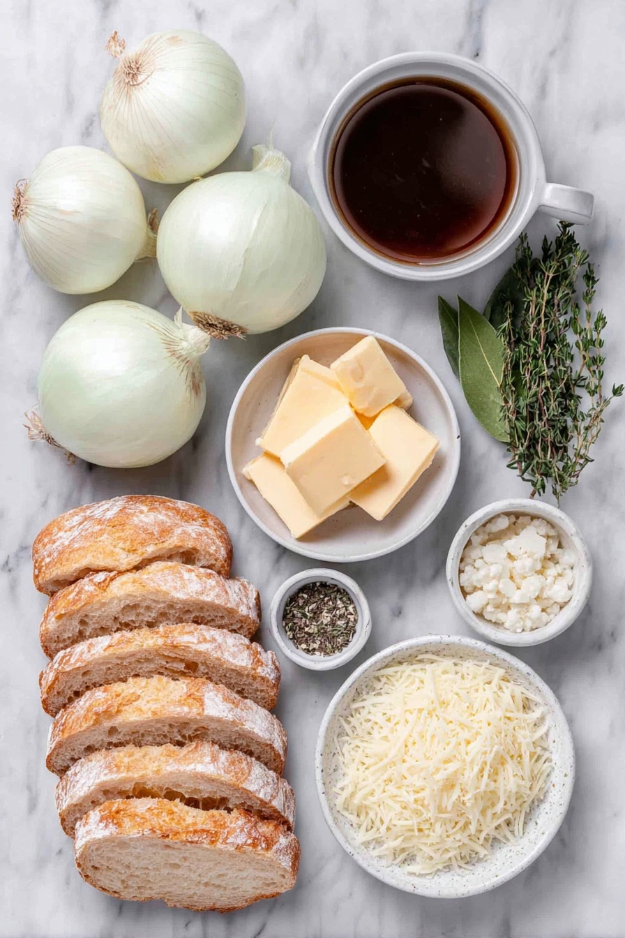 Flat lay of three large white onions, a few pats of fresh butter, a small white bowl filled with rich beef broth, a small white bowl with dark Worcestershire sauce, one peeled garlic clove minced, a small white bowl containing amber dry sherry, four fresh sprigs of thyme, one fresh bay leaf, eight slices of rustic French bread, a small white bowl with shredded Gruyere cheese, a small white bowl with shredded Emmental cheese, and a small white bowl with shredded Parmesan cheese, all arranged symmetrically with perfect balance, placed on a clean white marble surface, soft natural light, photo taken with an iPhone, professional food photography style, fresh ingredients, white ceramic bowls, no bottles, no duplicates, no utensils, no packaging --ar 2:3 --v 7 --p m7354615311229779997 - Crockpot French Onion Soup with Cheese, caramelized onion soup, slow cooker French onion, cheesy French onion soup, easy French onion soup