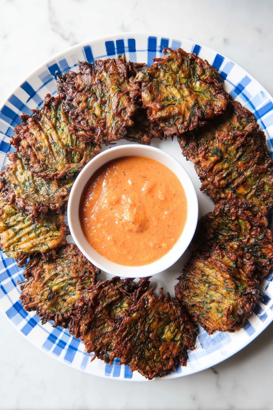 A white plate with blue checkered pattern holds about 18 dark brown and green fritters arranged in a circle around a small white bowl filled with light orange chunky sauce. The fritters have a textured, ribbed surface with some shiny, crisp edges. The plate sits on a white marbled surface. photo taken with an iphone --ar 2:3 --v 7 - Baked Brussels Sprouts Latkes, healthy Brussels Sprouts snacks, baked veggie latkes, crispy Brussels Sprouts side dish, easy Brussels Sprouts appetizer