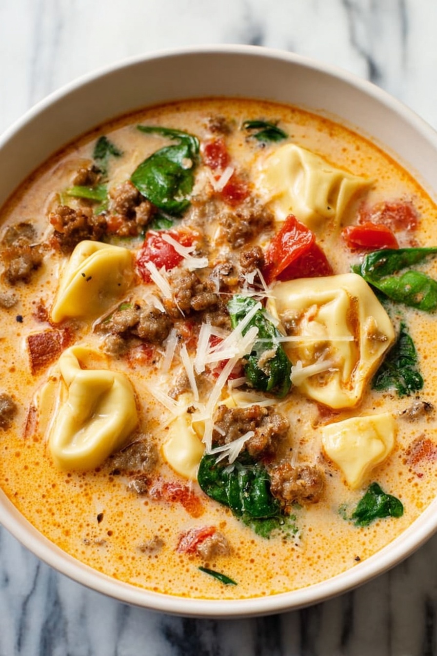 A close-up view inside a black pot filled with creamy soup showing three main layers: the creamy orange broth with specks of herbs and oil droplets forms the base layer; scattered chunks of light brown sausage, green spinach leaves, and red tomato pieces sit floating inside the soup as the middle layer; the top layer shows white tortellini pasta pieces with soft, curved shapes partially submerged and covered by the creamy broth. A silver ladle lifts a mix of these ingredients, focusing on a cluster of tortellini, sausage, spinach, and tomato. The background is a white marbled texture. Photo taken with an iphone --ar 2:3 --v 7 - Italian Sausage Tortellini Soup, hearty pasta soup, creamy sausage soup, quick Italian soup recipe, comforting tortellini soup