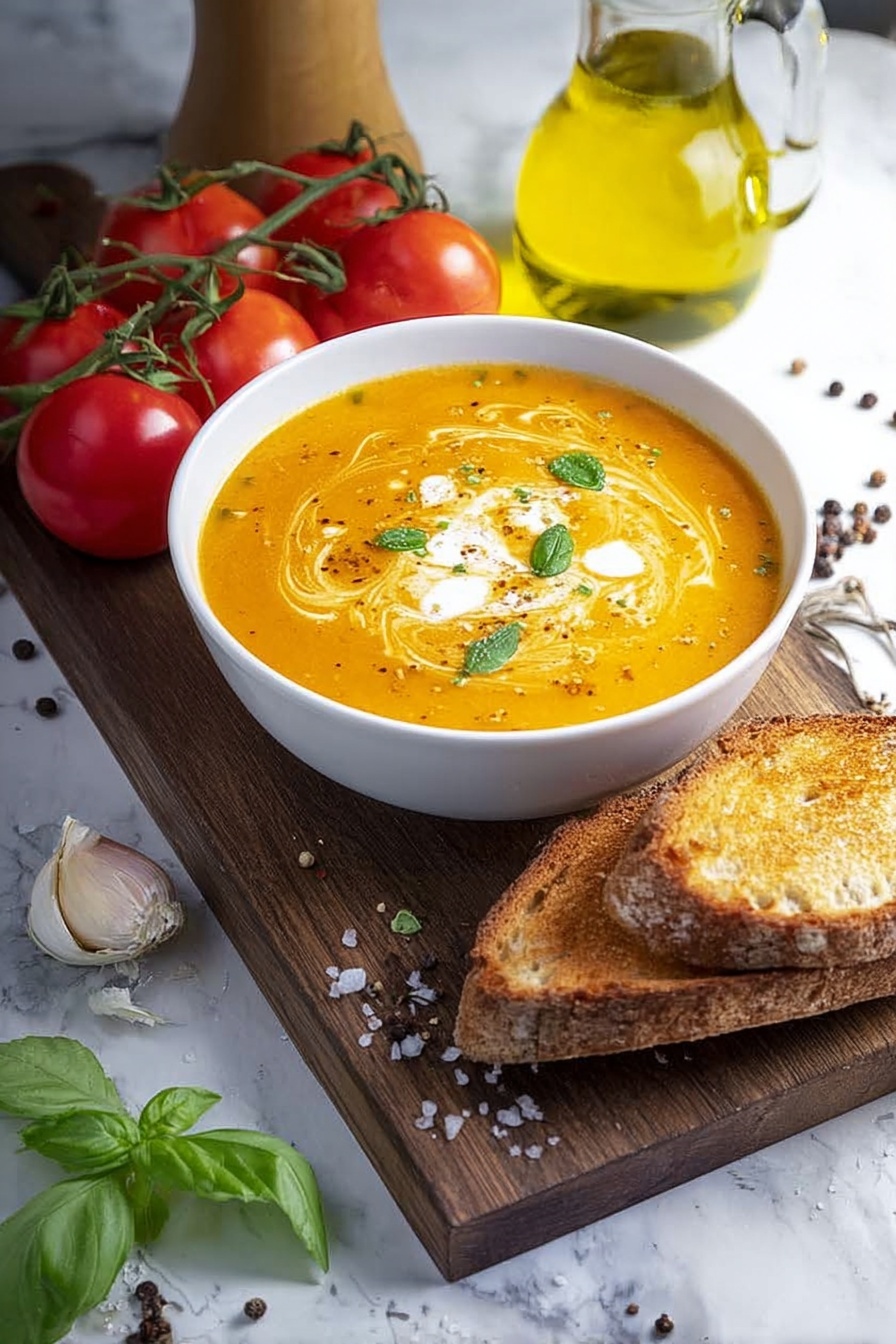 A white bowl filled with three layers of creamy orange soup, topped with swirls of white cream and small green herb pieces scattered on top. The bowl sits on a wooden tray with a silver spoon on the right side and a small round piece of toasted brown bread behind it. On the left side, there is a bunch of red cherry tomatoes on the vine with some loose peppercorns and salt crystals scattered on a white marbled surface. Fresh green basil leaves and a peeled garlic clove are placed near the bowl, and a glass of golden olive oil is seen in the upper right corner. photo taken with an iphone --ar 2:3 --v 7 - Creamy Roasted Tomato Soup, roasted tomato soup recipe, easy roasted tomato soup, homemade tomato soup, comforting tomato soup