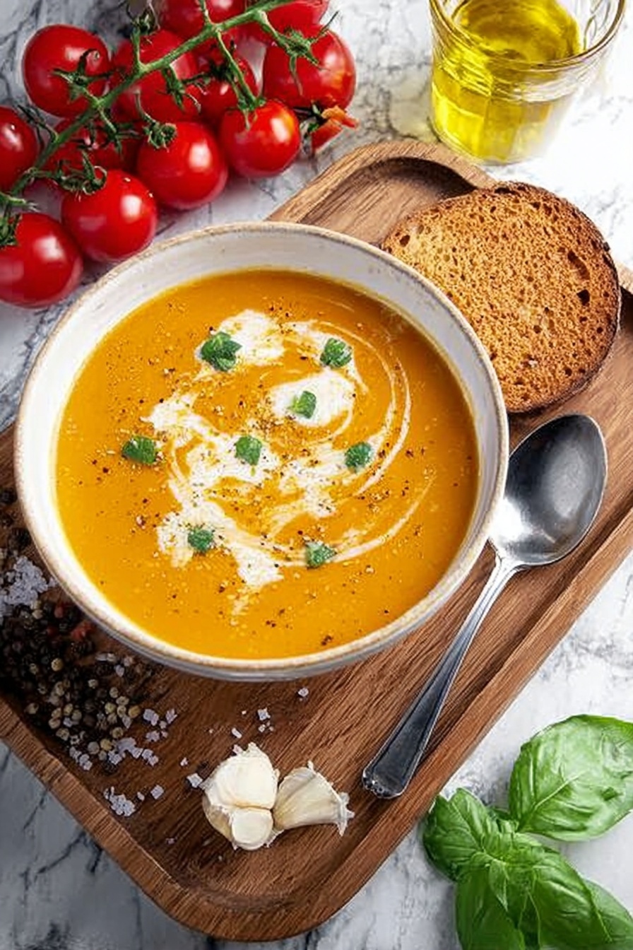 A woman's hand is holding a toasted thick slice of bread with a golden-brown crispy crust and airy white inside, dipping it into a bowl of creamy orange soup with visible herbs floating on the surface. The bowl is white and sits on a wooden board next to fresh red tomatoes and green basil leaves. In the background, there is a glass container with yellow olive oil, all placed on a white marbled surface. photo taken with an iphone --ar 2:3 --v 7 - Creamy Roasted Tomato Soup, roasted tomato soup recipe, easy roasted tomato soup, homemade tomato soup, comforting tomato soup