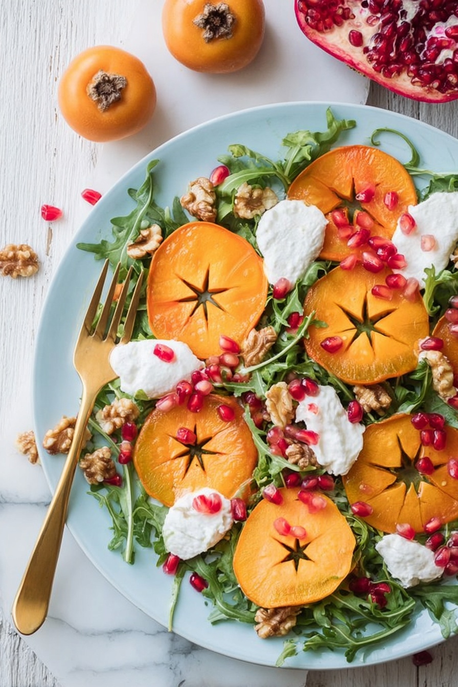 An oval white plate holds a salad with several layers. The base layer is green leafy salad, scattered with brown walnuts and bright red pomegranate seeds. On top, there are many flat, round orange slices of persimmon, each showing a star-like pattern in the center. White dollops of creamy cheese are placed evenly over the salad, creating a soft contrast against the orange and green. The plate sits on a white marbled surface with a mustard-yellow checkered cloth folded nearby, along with whole and halved persimmons and pomegranates. A golden salad serving fork rests on the edge of the plate, and a white pepper mill stands in the background. photo taken with an iphone --ar 2:3 --v 7 - Persimmon Burrata Salad with Balsamic Dressing, seasonal fall salad recipes, easy fruit and cheese salad, quick gourmet salad ideas, healthy appetizer recipes