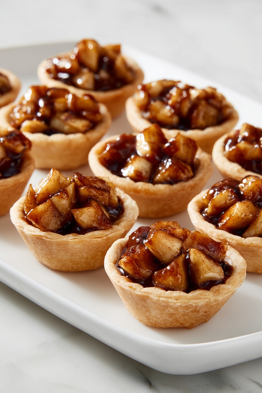 A group of small tarts arranged on a white tray with a smooth finish, each tart featuring a golden-brown pastry crust forming a thick cup shape. Inside the crust are many small, uneven pieces of cooked apple, coated in a shiny, dark caramel-colored sauce with a slightly sticky texture. The apples have a soft but noticeable texture, with some pieces showing light yellow skin and others more deeply browned from cooking, each tart filled to just below the rim. The tray sits on a white marbled surface that reflects soft light, giving a clean and bright look. photo taken with an iphone --ar 2:3 --v 7 - Mini Apple Tarts, apple tart recipe, bite-sized apple desserts, easy apple tart instructions, flaky apple tart pastry