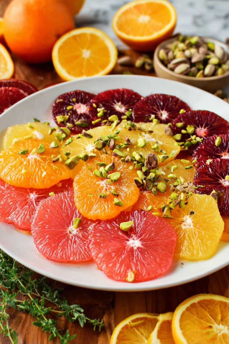 A white plate holds a colorful fruit salad consisting of three layers of citrus slices. The bottom layer is light pink grapefruit segments spread out evenly. The middle layer has bright orange slices arranged on top, and the top layer features deep dark red blood orange slices. Scattered across the fruit are chopped green pistachios adding texture and color contrast. The plate sits on a wooden table with sliced citrus fruits and fresh green herbs around it. The background is a white marbled texture. Photo taken with an iphone --ar 2:3 --v 7 - Spicy Citrus Salad with Pistachios and Thyme, citrus salad recipe, spicy fruit salad, pistachio salad with herbs, healthy citrus salad