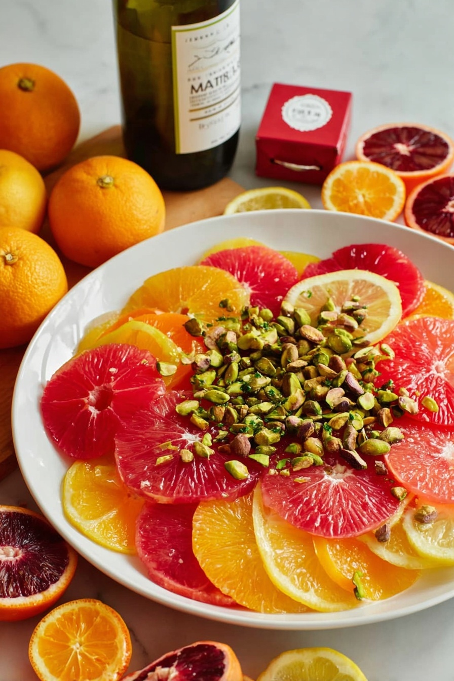 A white plate filled with layers of round citrus slices in bright red, pink, and orange tones, arranged in an overlapping pattern. On top, a generous scattering of green pistachio nuts adds texture and color contrast. Around the plate, halved citrus fruits in shades of red, yellow, and orange create a vibrant background. Behind the plate, a bottle with a white and green label and a small red box are visible, all set on a white marbled surface. Photo taken with an iphone --ar 2:3 --v 7 - Spicy Citrus Salad with Pistachios and Thyme, citrus salad recipe, spicy fruit salad, pistachio salad with herbs, healthy citrus salad
