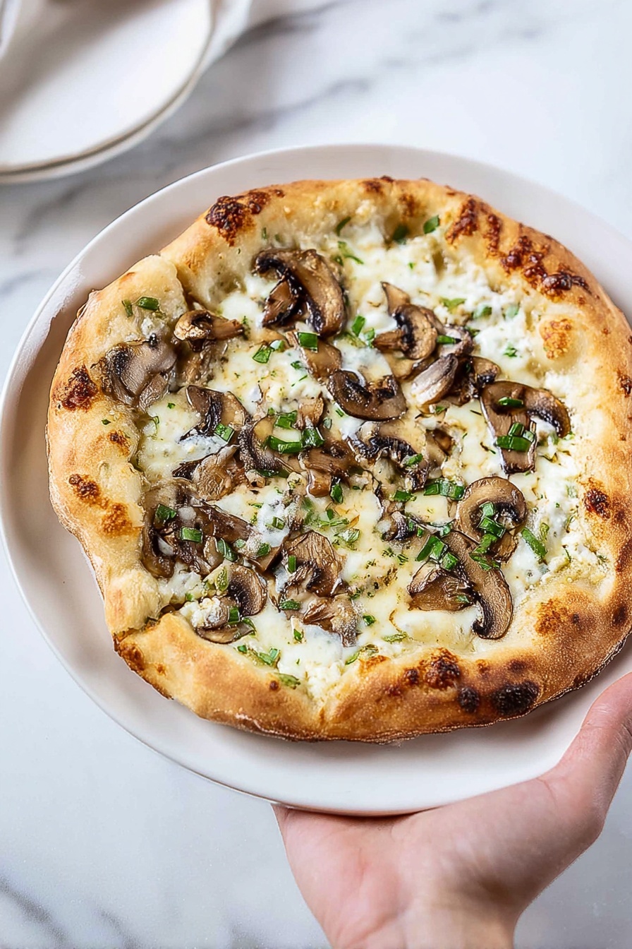 A white plate holds a pizza with a golden-brown crust that is thick and puffy around the edges. The top layer is melted white cheese, unevenly spread with some bubbly spots. Sliced brown mushrooms are scattered across the cheese, showing a cooked, soft texture with light sear marks. Small green herb pieces are sprinkled over the pizza, adding fresh color contrast. A woman's hand holds the plate from the right side. The background is a white marbled texture. Photo taken with an iphone --ar 2:3 --v 7 - Mushroom Herb Pizza with Goat Cheese, mushroom herb pizza toppings, goat cheese pizza recipe, gourmet mushroom pizza, easy mushroom herb pizza