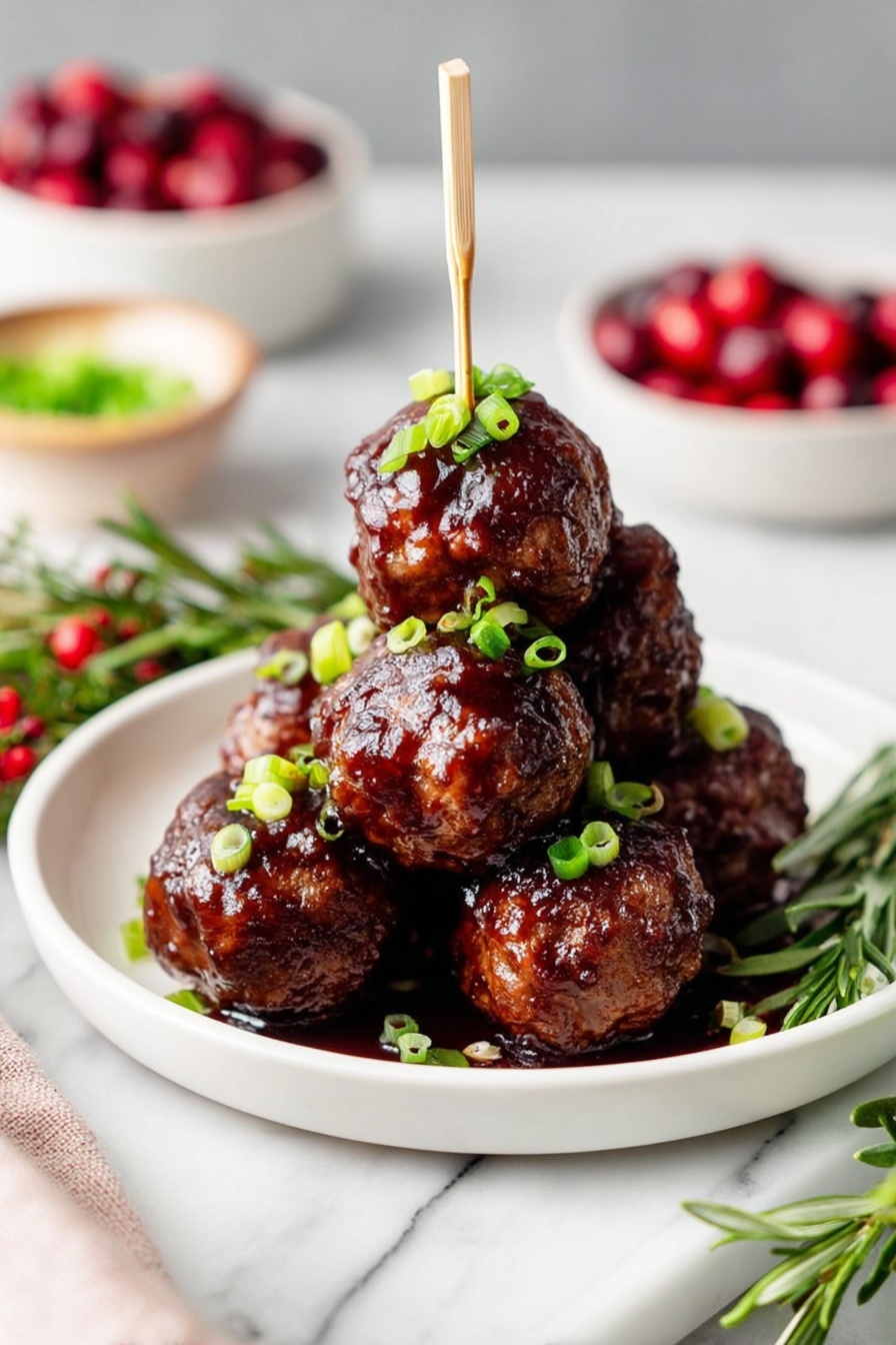 The image shows a white plate stacked with five meatballs covered in dark, shiny sauce, each meatball decorated with small, bright green chopped scallions. Two of the meatballs are pierced with thin wooden sticks sticking straight up. The plate sits on a white marble surface, surrounded by small bowls filled with red cranberries and green scallions, and a bunch of fresh rosemary with red berries on the side. The background is softly blurred, keeping the focus on the rich texture and color of the meatballs. photo taken with an iphone --ar 2:3 --v 7 - Cranberry BBQ Meatballs Turkey Slow Cooker recipe, easy holiday appetizer, crowd-pleasing meatball recipes, festive game day snacks, savory cranberry meatballs