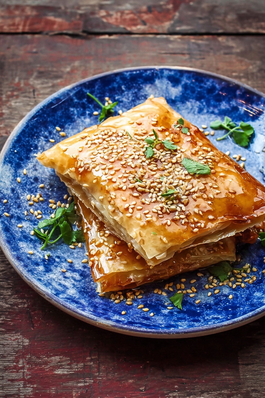 Two golden brown folded layers of thin crispy pastry sit on a white plate with a deep blue pattern. The top layer is sprinkled with crunchy light brown sesame seeds and small fresh green herb leaves scattered around and on the pastry. A glossy honey-like glaze shines on the surface, adding a sticky texture. The plate rests on a rough dark wooden surface with a rustic look. The light catches the sesame seeds and glaze, making the food look fresh and inviting. photo taken with an iphone --ar 2:3 --v 7 - Baked Feta with Honey and Phyllo, baked feta appetizer, honey feta recipe, savory sweet appetizer, Greek-inspired feta dish