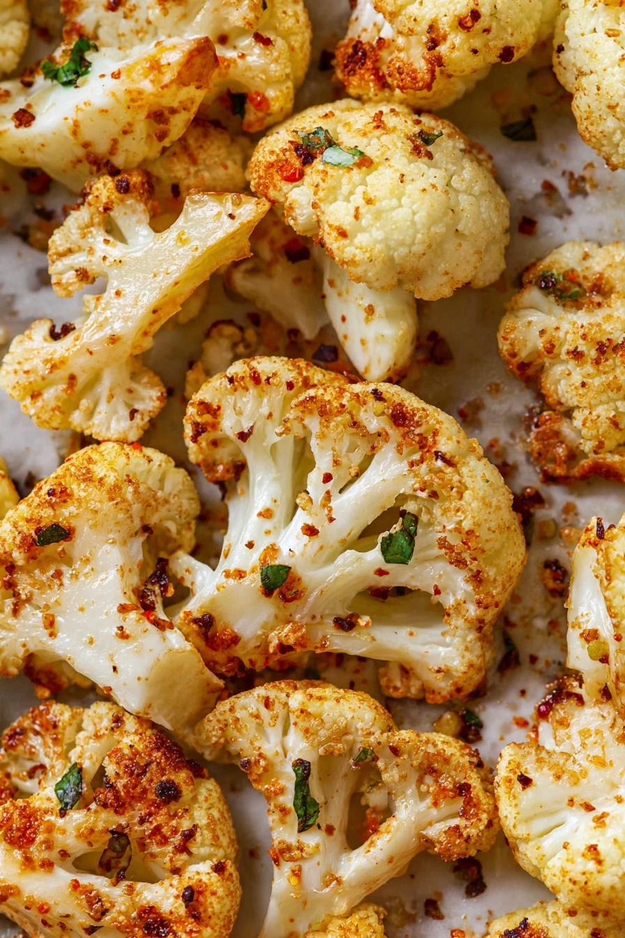 The image shows close-up roasted cauliflower pieces on a white marbled surface. The cauliflower pieces are cut into medium-sized florets with a mix of creamy white and lightly browned textures from roasting. They are sprinkled with reddish spices and small green herbs, with a slight oily shine suggesting seasoning. The edges of the cauliflower are slightly charred and crispy, adding a textured contrast to the soft inner parts. photo taken with an iphone --ar 2:3 --v 7 - Oven Roasted Cauliflower Steaks, oven roasted cauliflower, cauliflower steak recipe, roasted cauliflower sides, healthy cauliflower appetizer