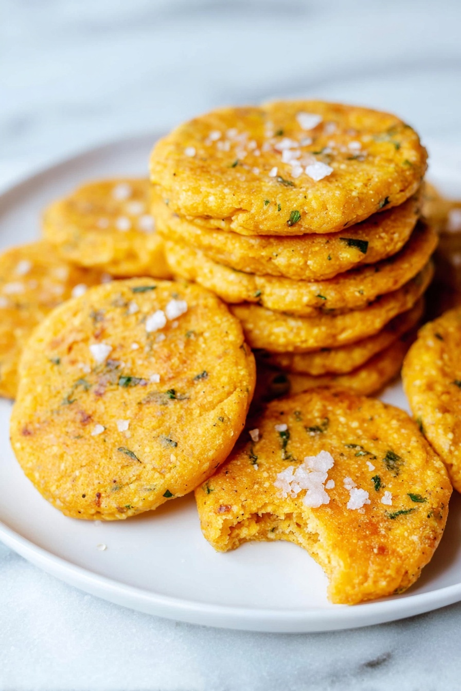 A white plate holds a stack of round, golden yellow patties with small green herb bits visible throughout. Each patty has a rough, slightly crumbly texture and is topped with coarse white salt flakes that catch the light. One patty in the front has a small bite taken out, revealing a consistent texture inside. The plate is set on a white marbled surface that adds a soft, elegant backdrop to the warm colors of the patties. photo taken with an iphone --ar 2:3 --v 7 - Chipotle Cheddar Crackers, spicy cheese crackers, homemade snack ideas, smoky cracker recipe, flavorful cheesy snacks