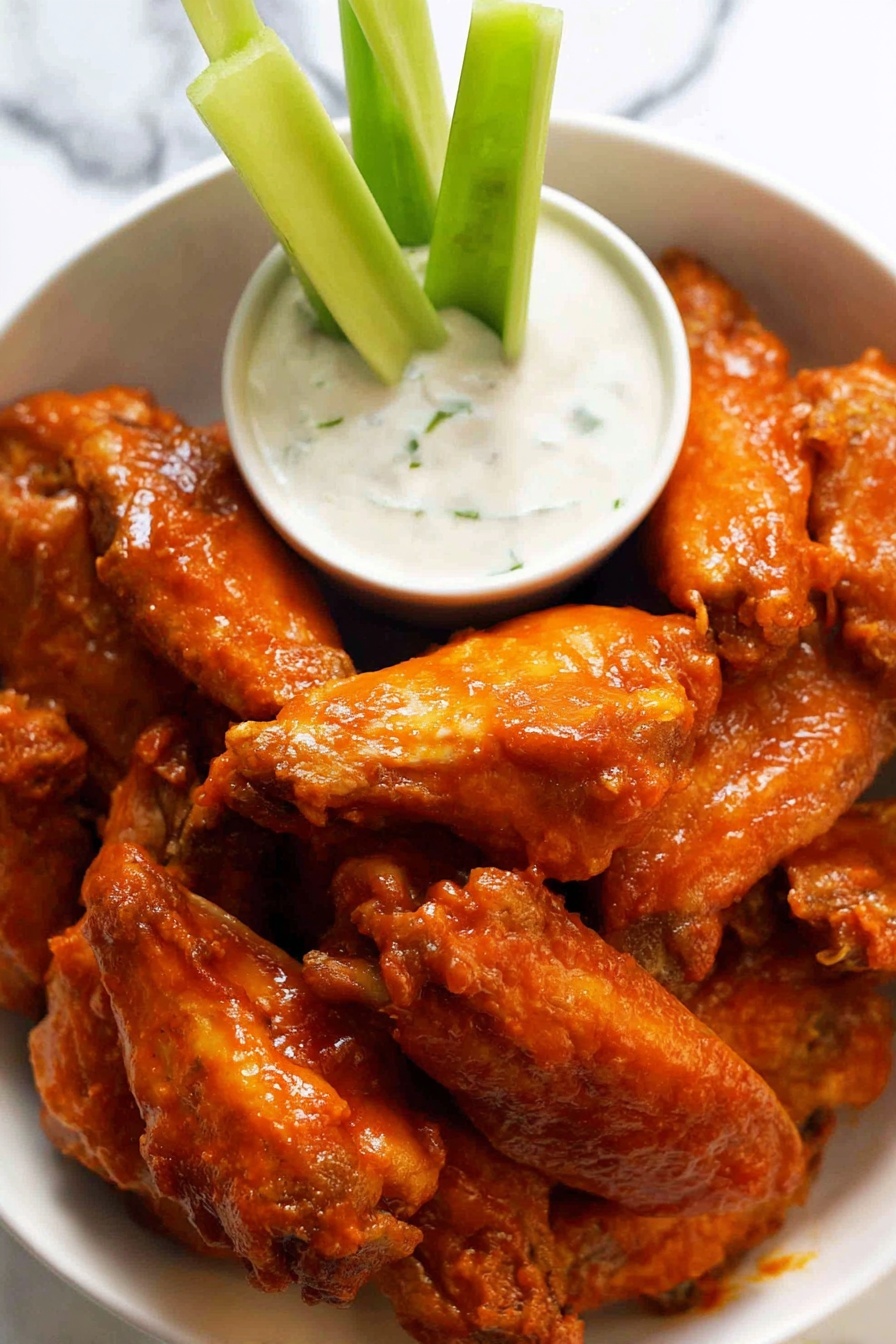 The image shows a white bowl filled with many orange-coated chicken wings stacked closely together, with a glossy texture on the wings showing the sauce. In the middle of the bowl, there is a small white bowl of creamy white dipping sauce topped with three green celery sticks standing upright inside it. The background is a white marbled surface. Photo taken with an iphone --ar 2:3 --v 7 - Crispy Oven Baked Buffalo Wings, baked buffalo wings, spicy chicken wings, oven crispy chicken wings, healthy buffalo wings