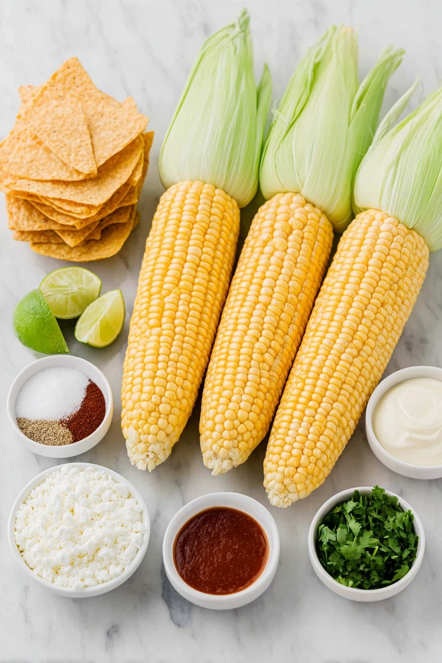 Flat lay of six ears of fresh corn with some kernels visible, a small white bowl of creamy mayonnaise, a small white bowl of golden chicken stock, a small white bowl with bright red Cholula hot sauce, a small white bowl with fresh lime wedges and a small amount of lime juice, a small white bowl containing fine white granulated sugar, a small white bowl of coarse kosher salt, a small white bowl of freshly ground black pepper, a small white bowl with deep red ground chili powder, a small white bowl of chopped fresh green cilantro leaves, a small white bowl of crumbly white Cotija cheese, and a stack of golden crispy tortilla chips arranged neatly, all placed on a clean white marble surface, soft natural light, photo taken with an iPhone, professional food photography style, fresh ingredients, white ceramic bowls, no bottles, no duplicates, no utensils, no packaging --ar 2:3 --v 7 --p m7354615311229779997 - Spicy Mexican Corn Dip, Mexican street corn dip, spicy corn appetizer, smoky corn dip, easy Mexican corn dip